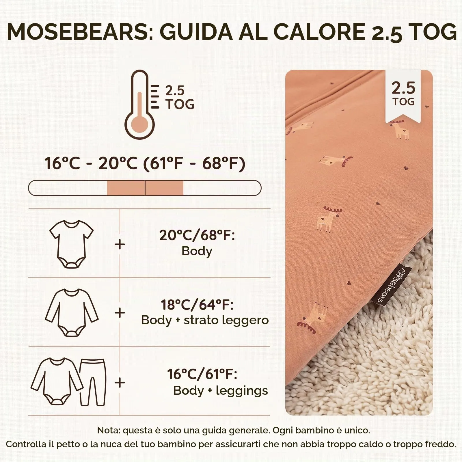 Mosebears Sacco nanna invernale per bambini, 2,5 tog,cotone, per diverse misure dalla nascita all'età di 24 mesi(Caramel,12-18 mesi) - immagine 4