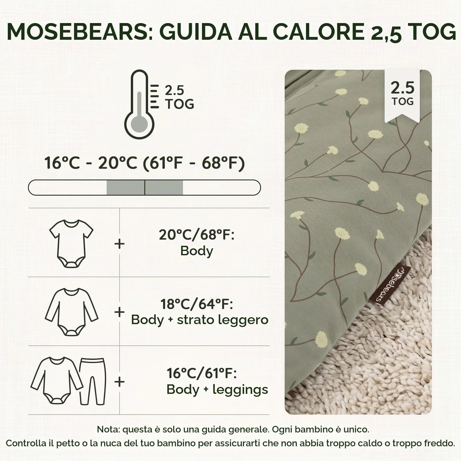 Mosebears Sacco nanna invernale per bambini, 2,5 tog,cotone, per diverse misure dalla nascita all'età di 24 mesi(Green,6-12 mesi) - immagine 4