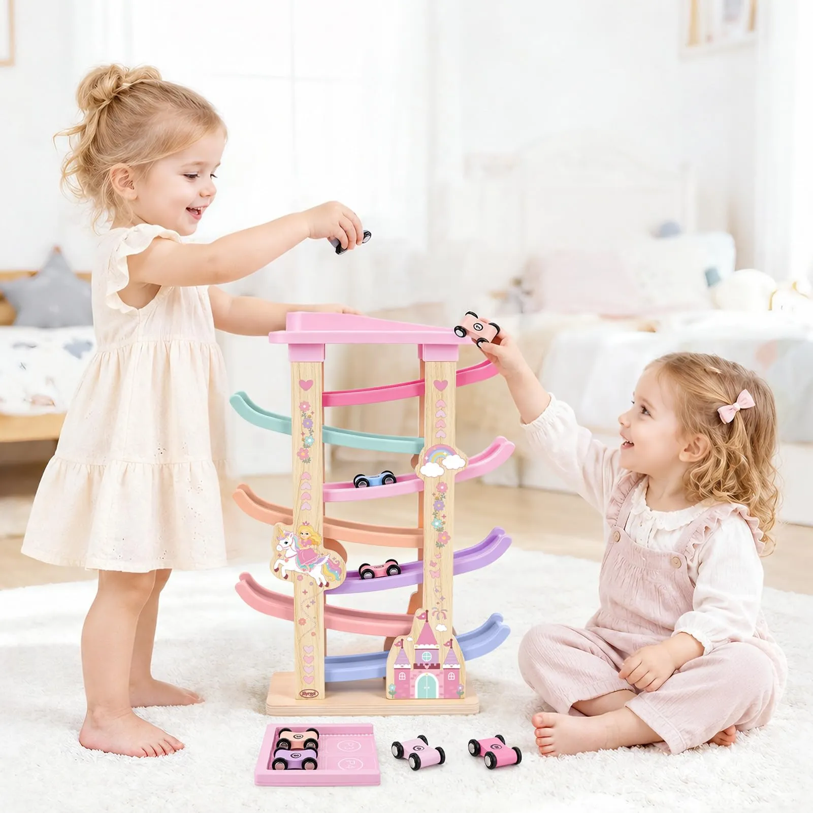 Joyreal Giochi Montessori 1 2 anno - Piste Macchinine Cars per Bambini con 8 Mini Auto Giocattolo e Garage Regalo Natale per Bambina Bambino - immagine 2