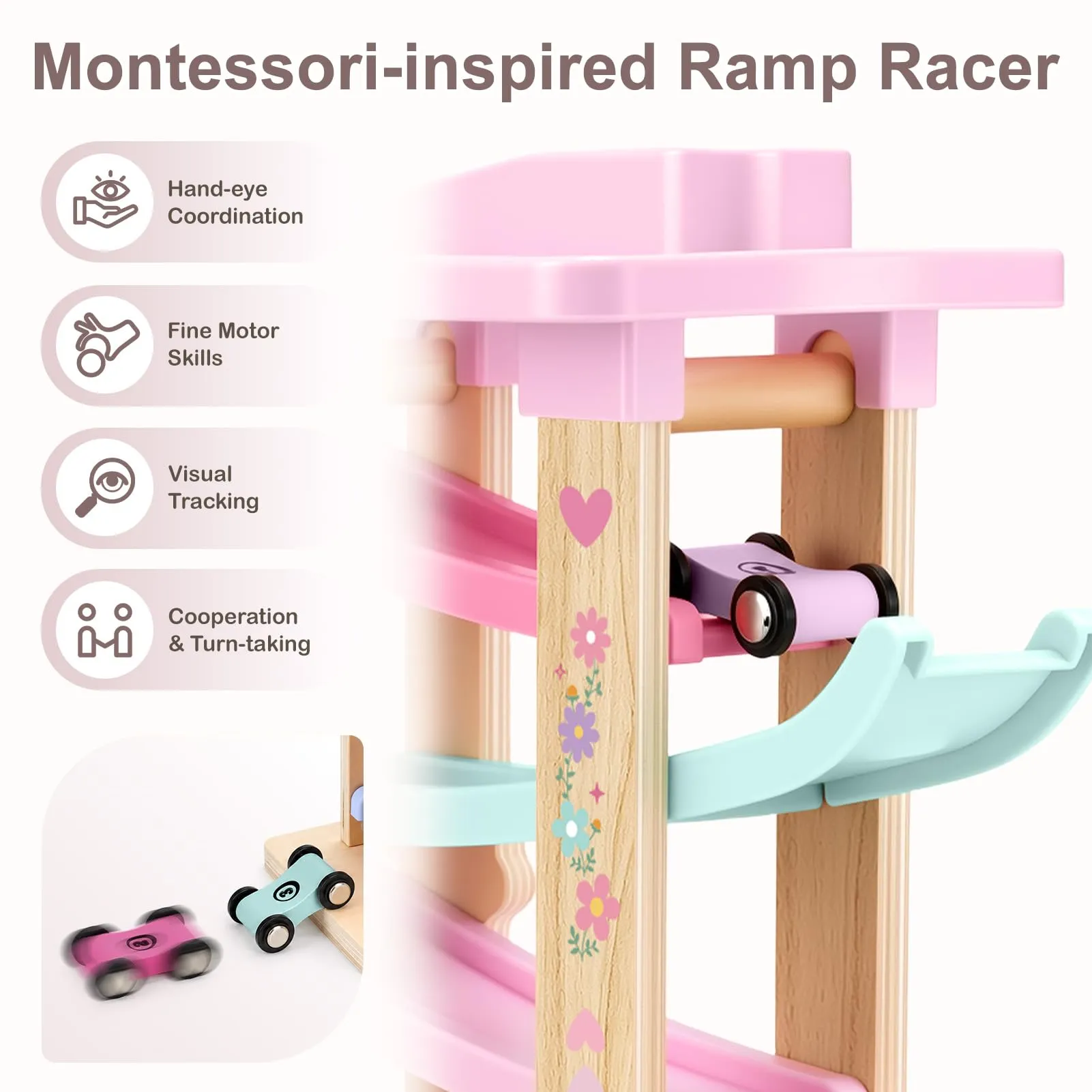 Joyreal Giochi Montessori 1 2 anno - Piste Macchinine Cars per Bambini con 8 Mini Auto Giocattolo e Garage Regalo Natale per Bambina Bambino - immagine 5