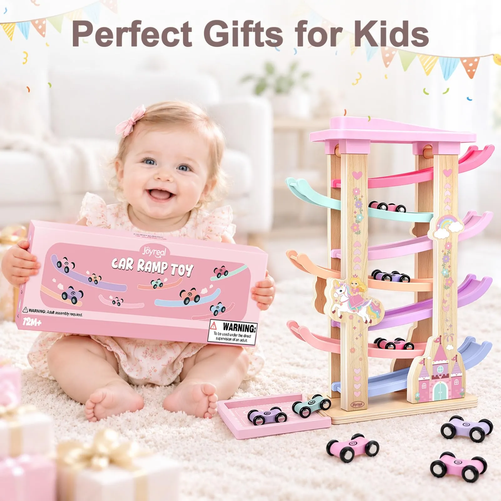 Joyreal Giochi Montessori 1 2 anno - Piste Macchinine Cars per Bambini con 8 Mini Auto Giocattolo e Garage Regalo Natale per Bambina Bambino - immagine 7