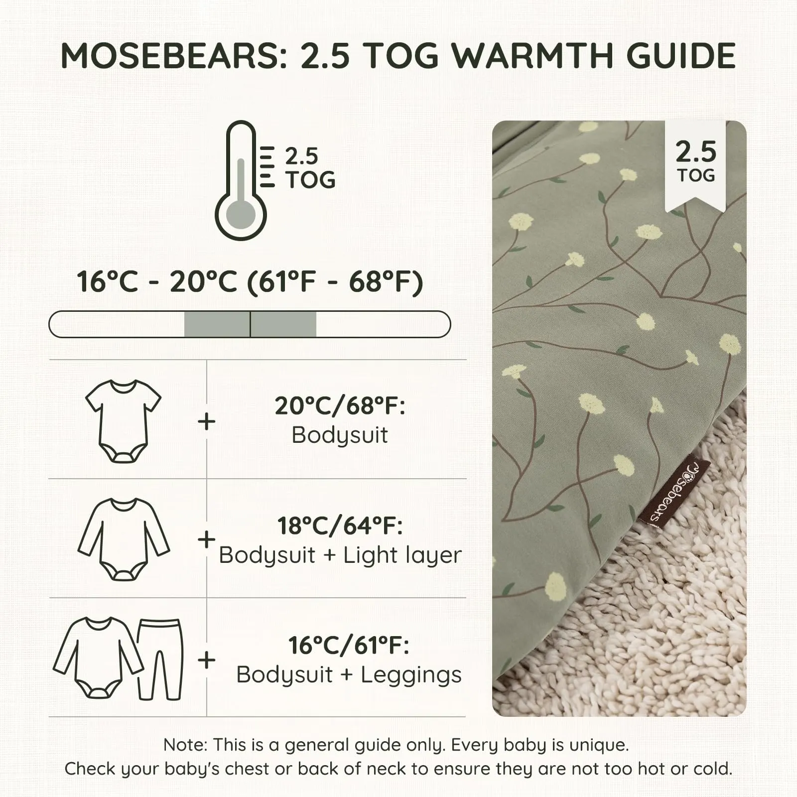 Mosebears Sacco nanna invernale per bambini, 2,5 tog,cotone, per diverse misure dalla nascita all'età di 24 mesi(Green,18-24 mesi) - immagine 5