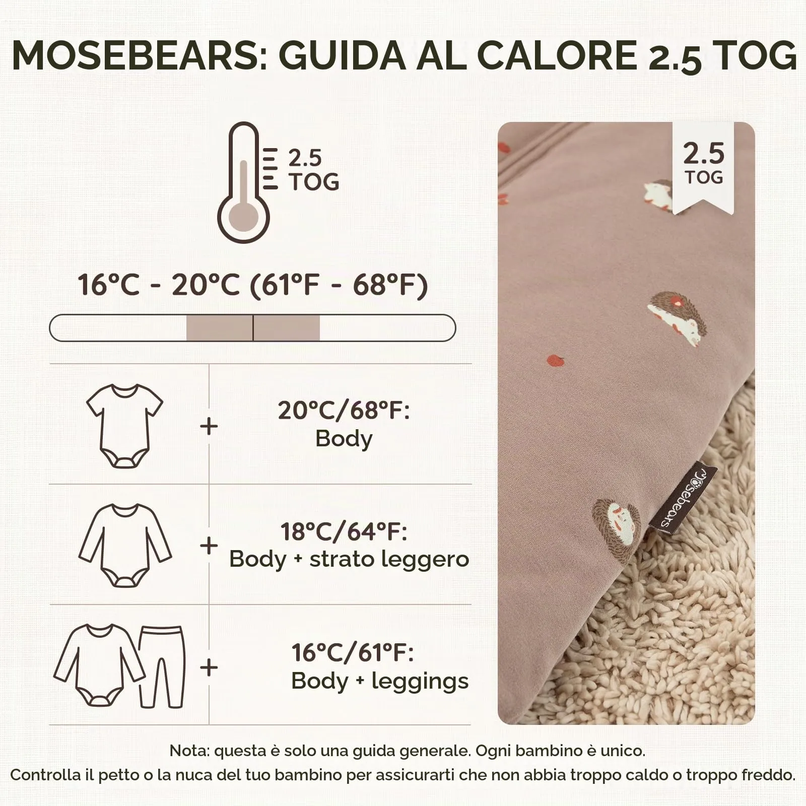 Mosebears Sacco nanna invernale per bambini, 2,5 tog,cotone, per diverse misure dalla nascita all'età di 24 mesi(Brown,6-12 mesi) - immagine 4