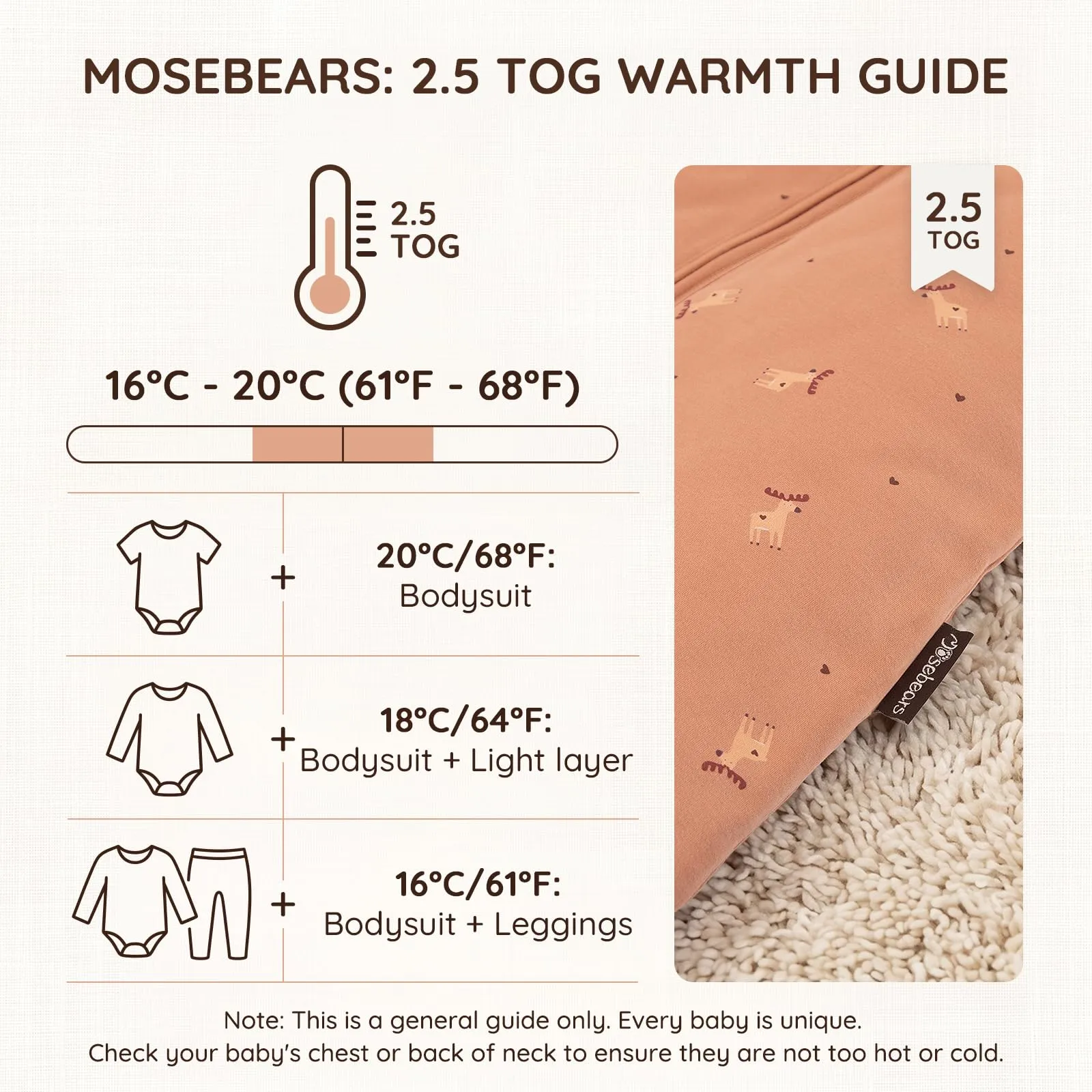 Mosebears Sacco nanna invernale per bambini, 2,5 tog,cotone, per diverse misure dalla nascita all'età di 24 mesi(Caramel,18-24 mesi) - immagine 4