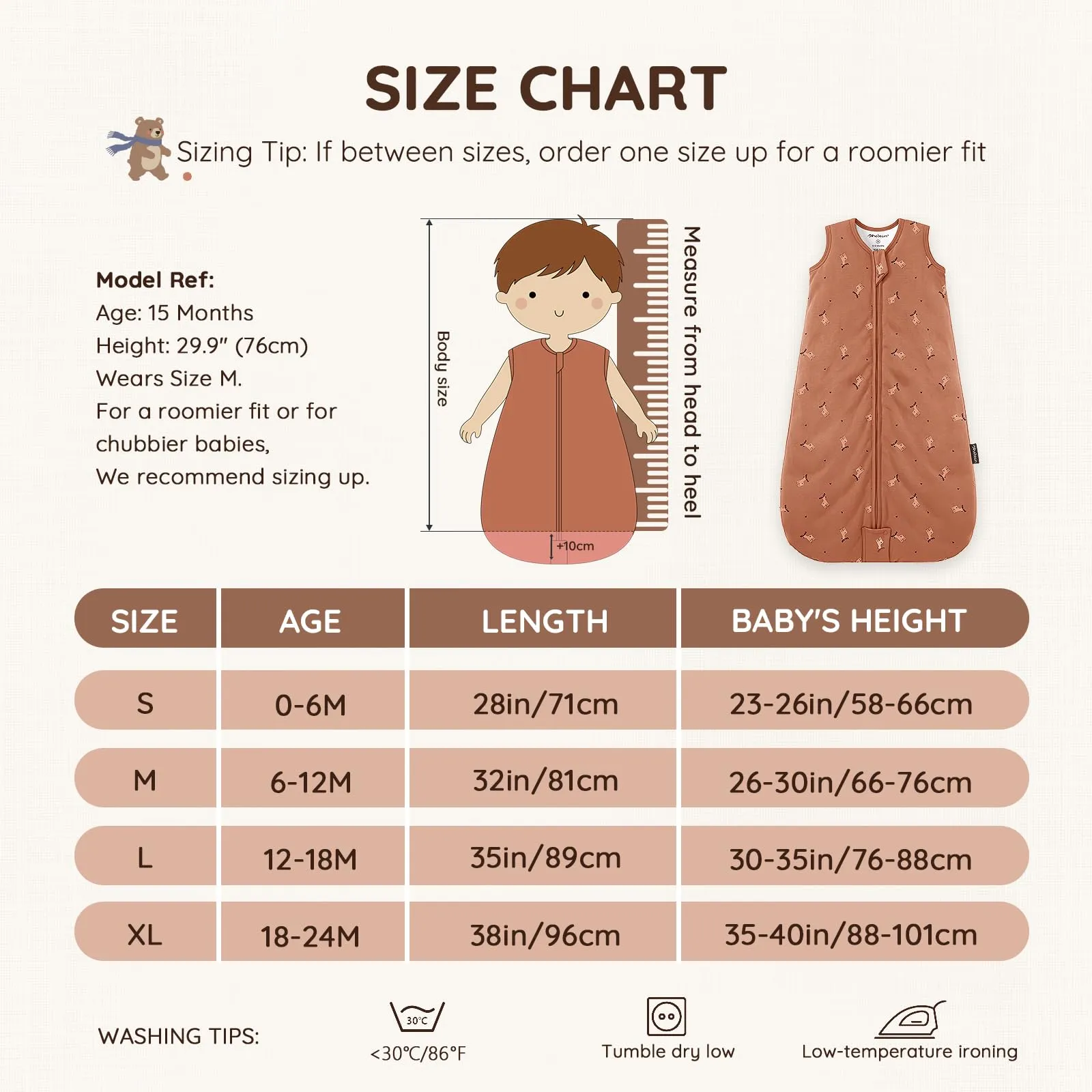 Mosebears Sacco nanna invernale per bambini, 2,5 tog,cotone, per diverse misure dalla nascita all'età di 24 mesi(Caramel,18-24 mesi) - immagine 5