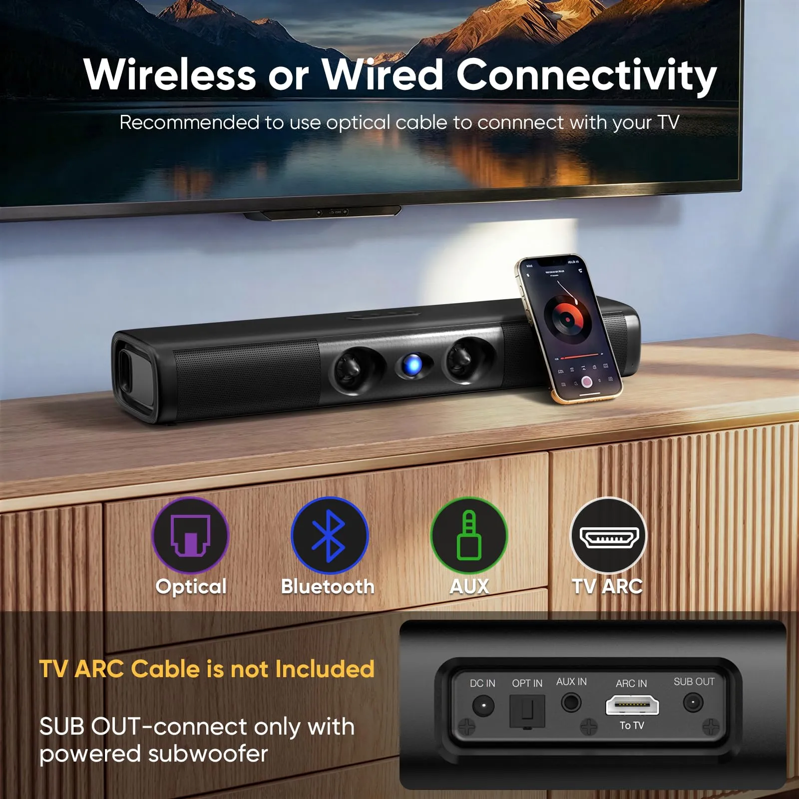 Saiyin Soundbar per TV con potenza di picco di 90 W e bassi potenziati - immagine 4