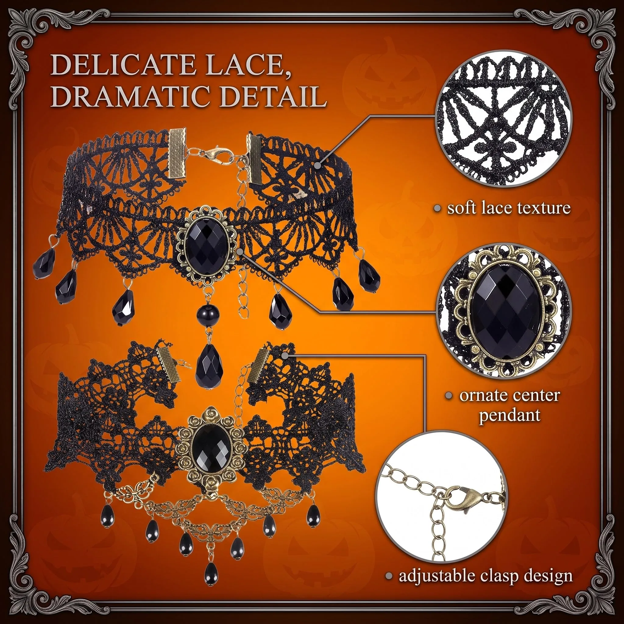 YEQUKK 2 Pezzi Collana Girocollo Gotica in Pizzo, Girocollo Collana Nera Choker Nero Donna Stile Punk Rock Gotico Pizzo Collare, per Feste di Cosplay, Donne e Ragazze amanti del Punk e del Vampiro - immagine 4