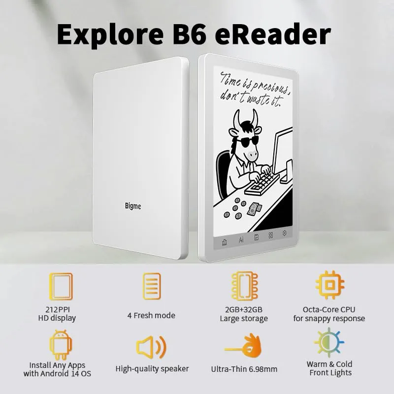 Bigme E-reader B6 con display bianco e nero, e-reader da 6 pollici con 2 GB + 32 GB, lettore e-book e-ink Android, tablet e-book con processore Octa-Core e Android 14, illuminazione frontale - immagine 7