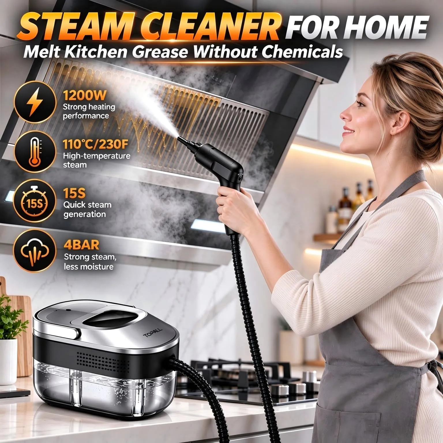 TOPALL Pulitore Vapore Casa,Vaporetto Pulitore a Vapore Portatile Professionale 1200W | 4 Bar丨15S-110°C 丨1.6L Serbatoio per La Pulizia Di Cucina, Bagno, Fughe, Grasso(MetallicGray) - immagine 2