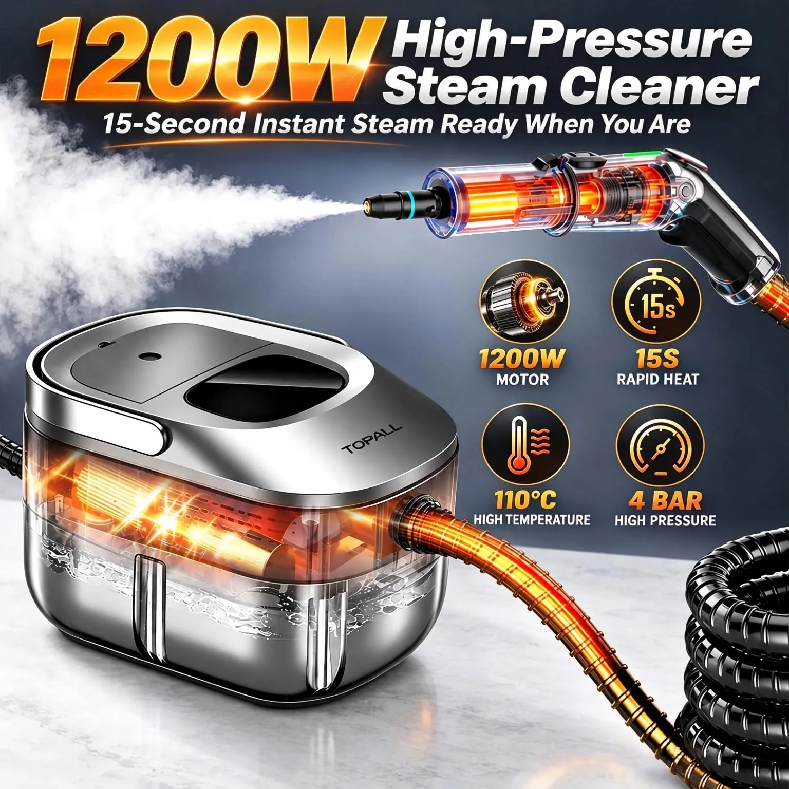 TOPALL Pulitore Vapore Casa,Vaporetto Pulitore a Vapore Portatile Professionale 1200W | 4 Bar丨15S-110°C 丨1.6L Serbatoio per La Pulizia Di Cucina, Bagno, Fughe, Grasso(MetallicGray) - immagine 3