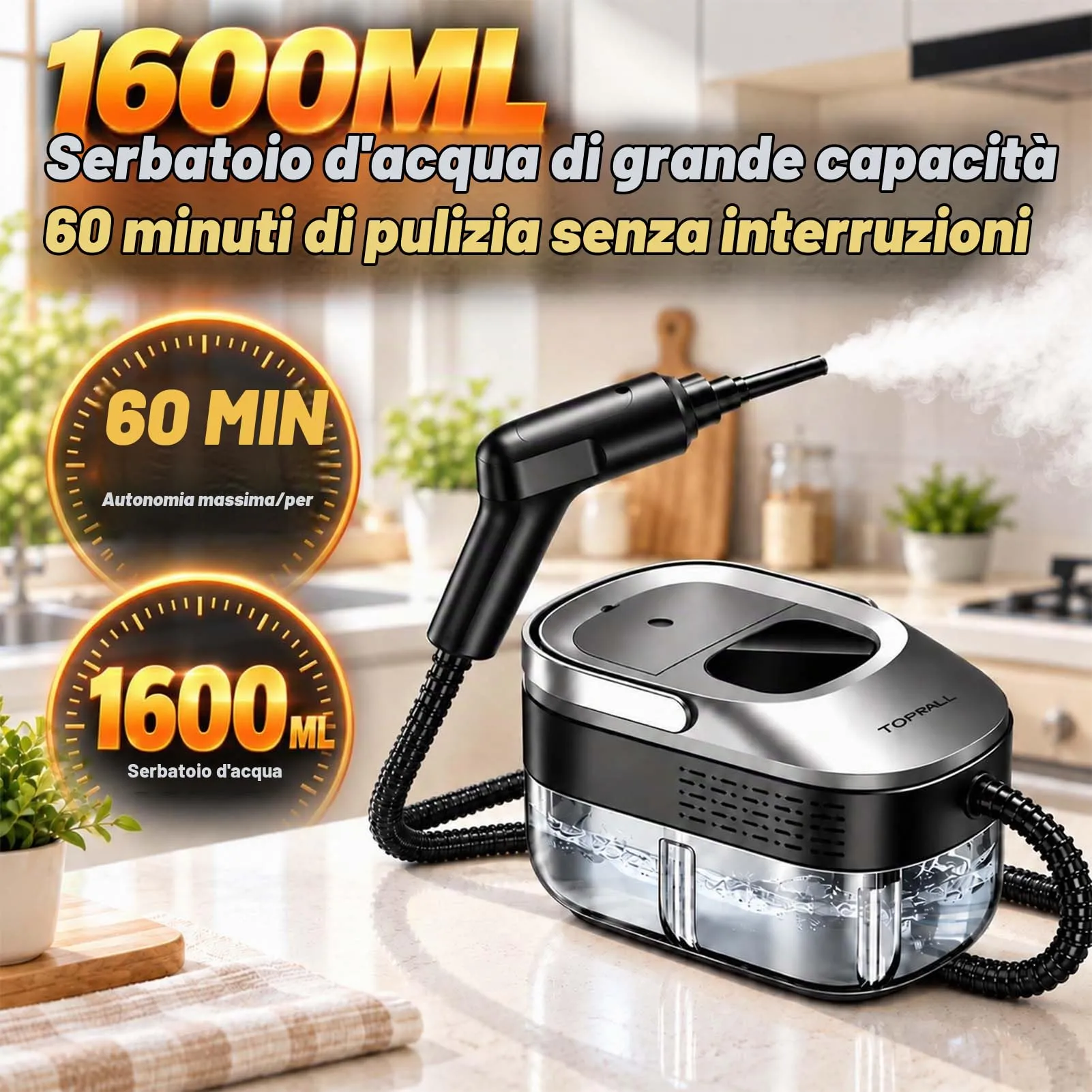 TOPALL Pulitore Vapore Casa,Vaporetto Pulitore a Vapore Portatile Professionale 1200W | 4 Bar丨15S-110°C 丨1.6L Serbatoio per La Pulizia Di Cucina, Bagno, Fughe, Grasso(MetallicGray) - immagine 4