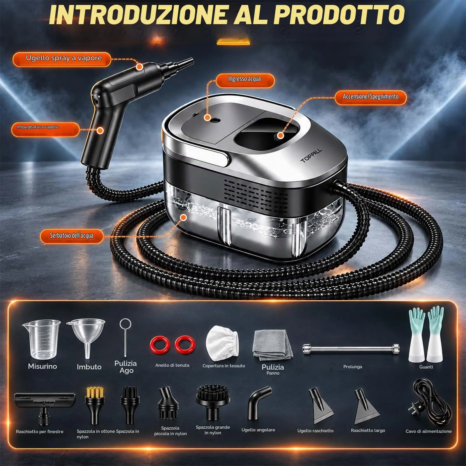 TOPALL Pulitore Vapore Casa,Vaporetto Pulitore a Vapore Portatile Professionale 1200W | 4 Bar丨15S-110°C 丨1.6L Serbatoio per La Pulizia Di Cucina, Bagno, Fughe, Grasso(MetallicGray) - immagine 8