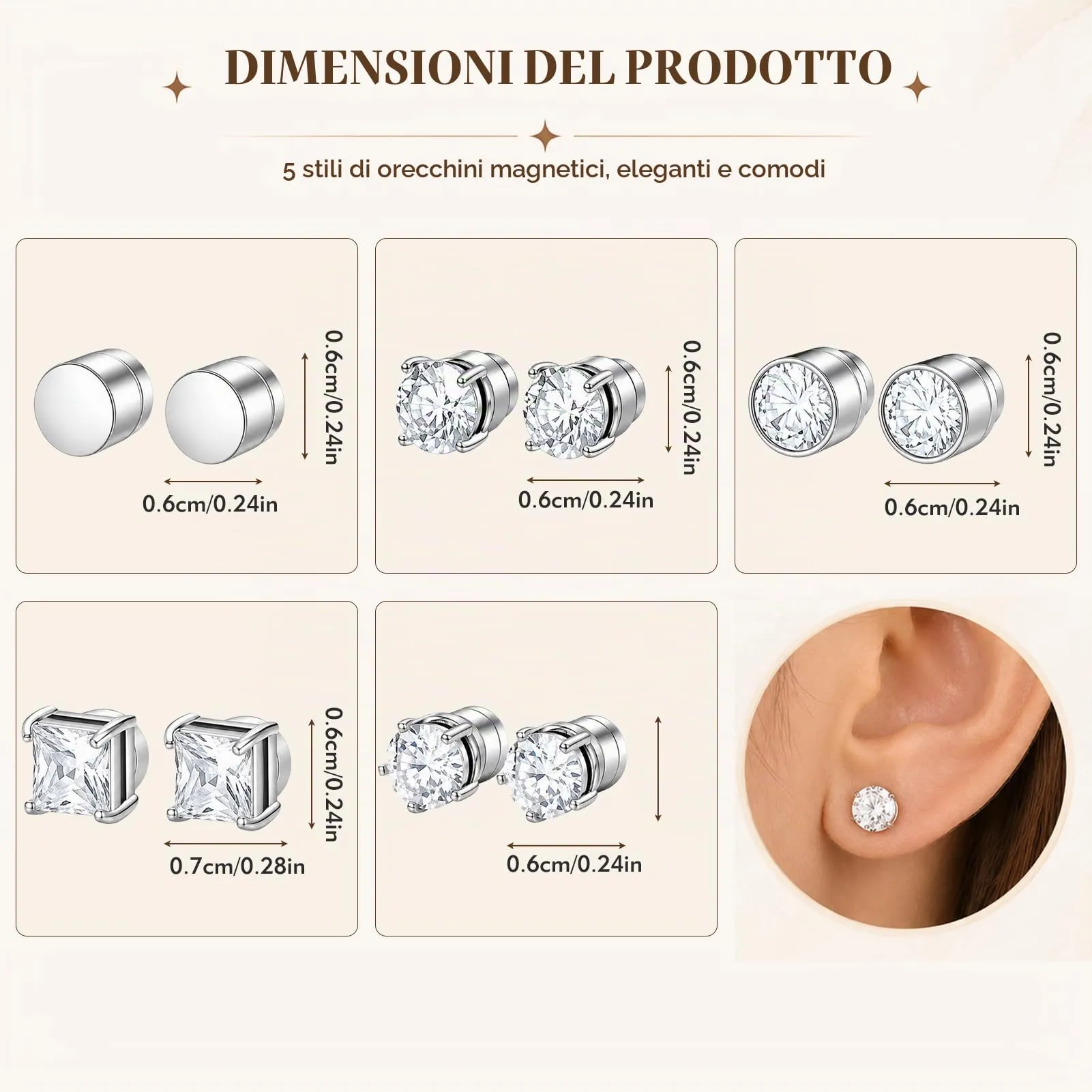 5 Paia Orecchini Magnetici Uomo e Donna,Orecchini Clip Magnetici Zirconi - immagine 2