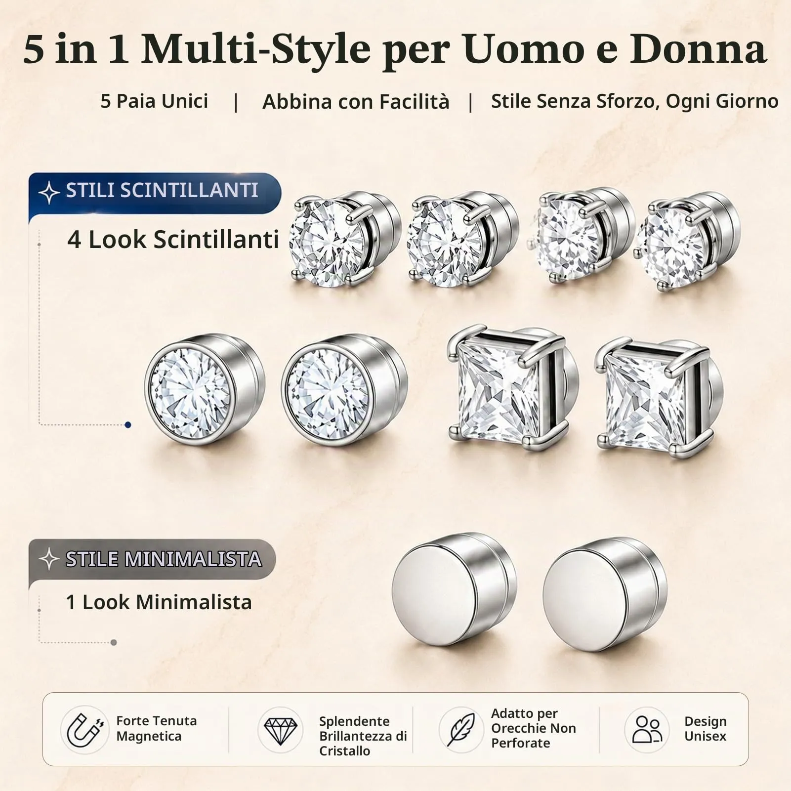 5 Paia Orecchini Magnetici Uomo e Donna,Orecchini Clip Magnetici Zirconi - immagine 4