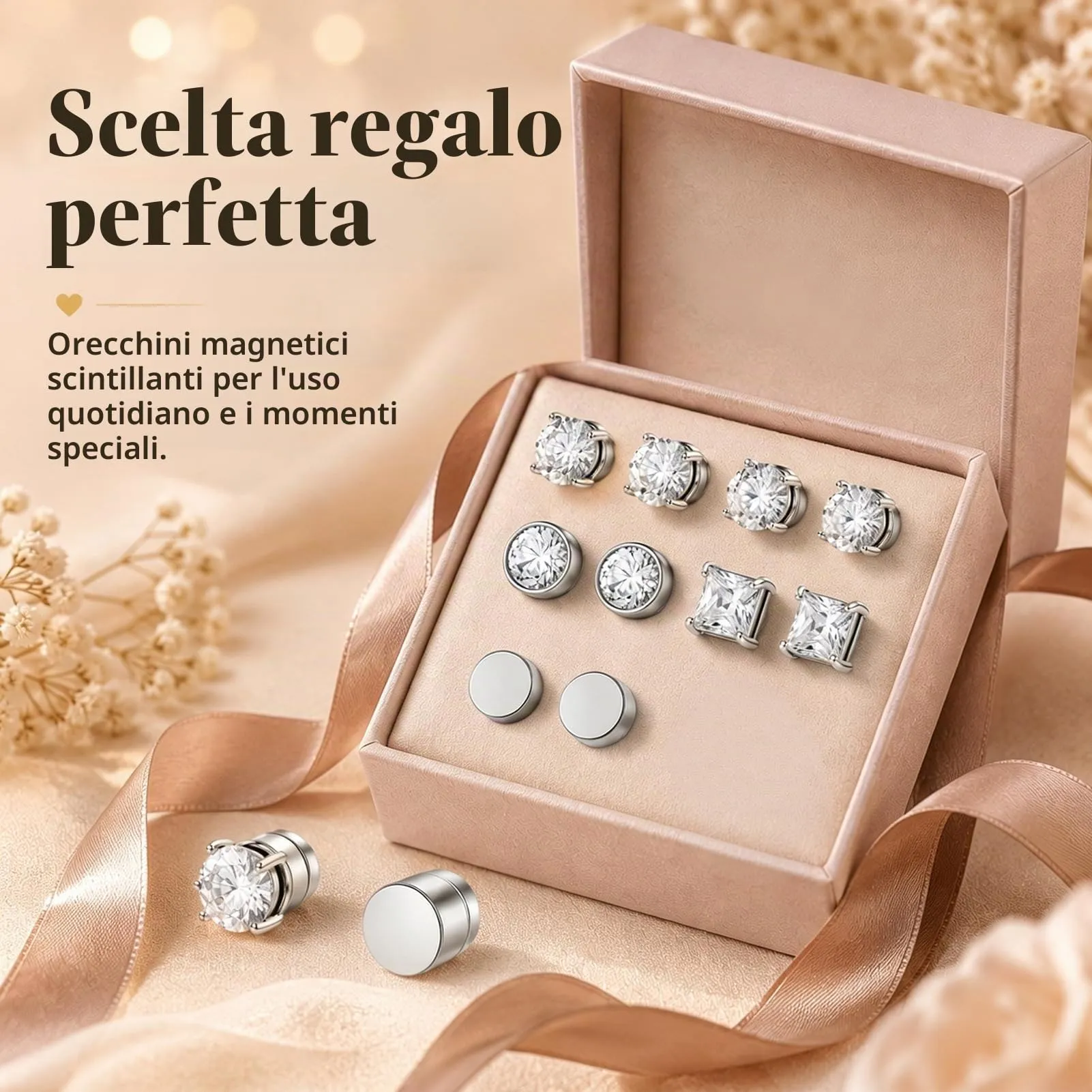 5 Paia Orecchini Magnetici Uomo e Donna,Orecchini Clip Magnetici Zirconi - immagine 6