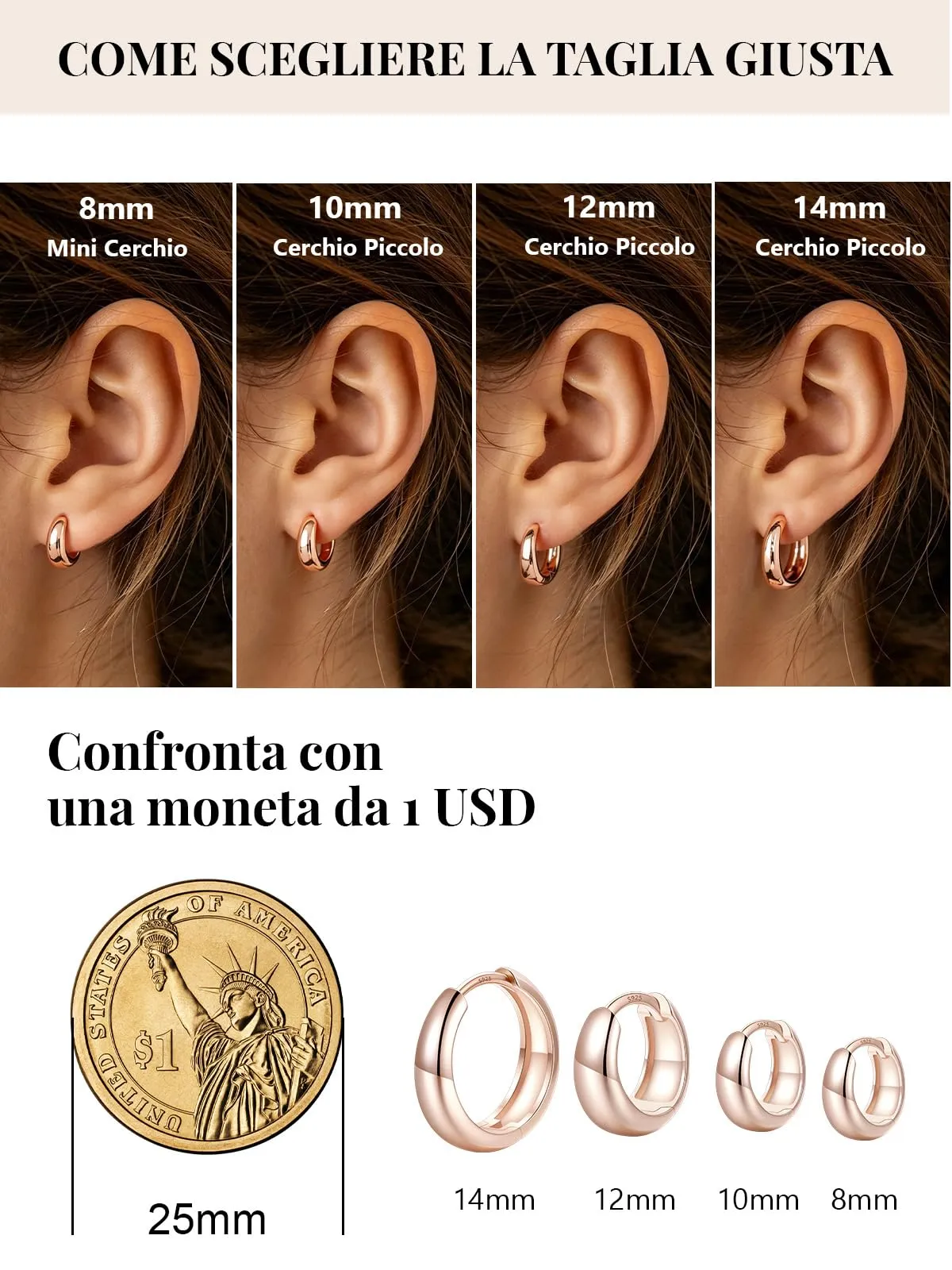 Silvora 14mm Orecchini Donna a Cerchio Oro Rosa Piccoli - immagine 5