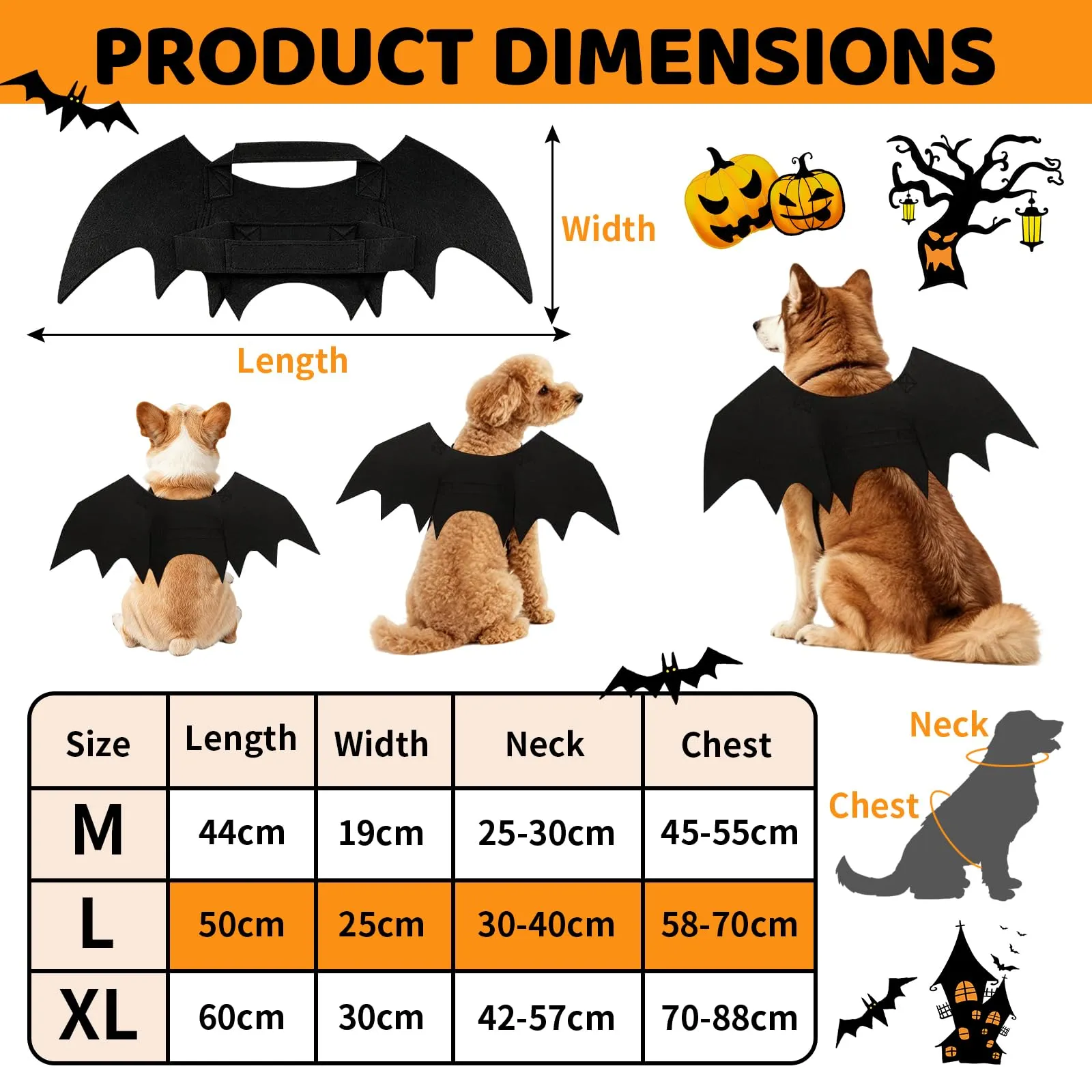 Costume di Halloween per Cane, Ali Pipistrello Gatto, Costume Cani, con Ali di Pipistrello, Campane di Zucca, Feste Helloween, Pipistrello per Cosplay di Halloween（L） - immagine 2
