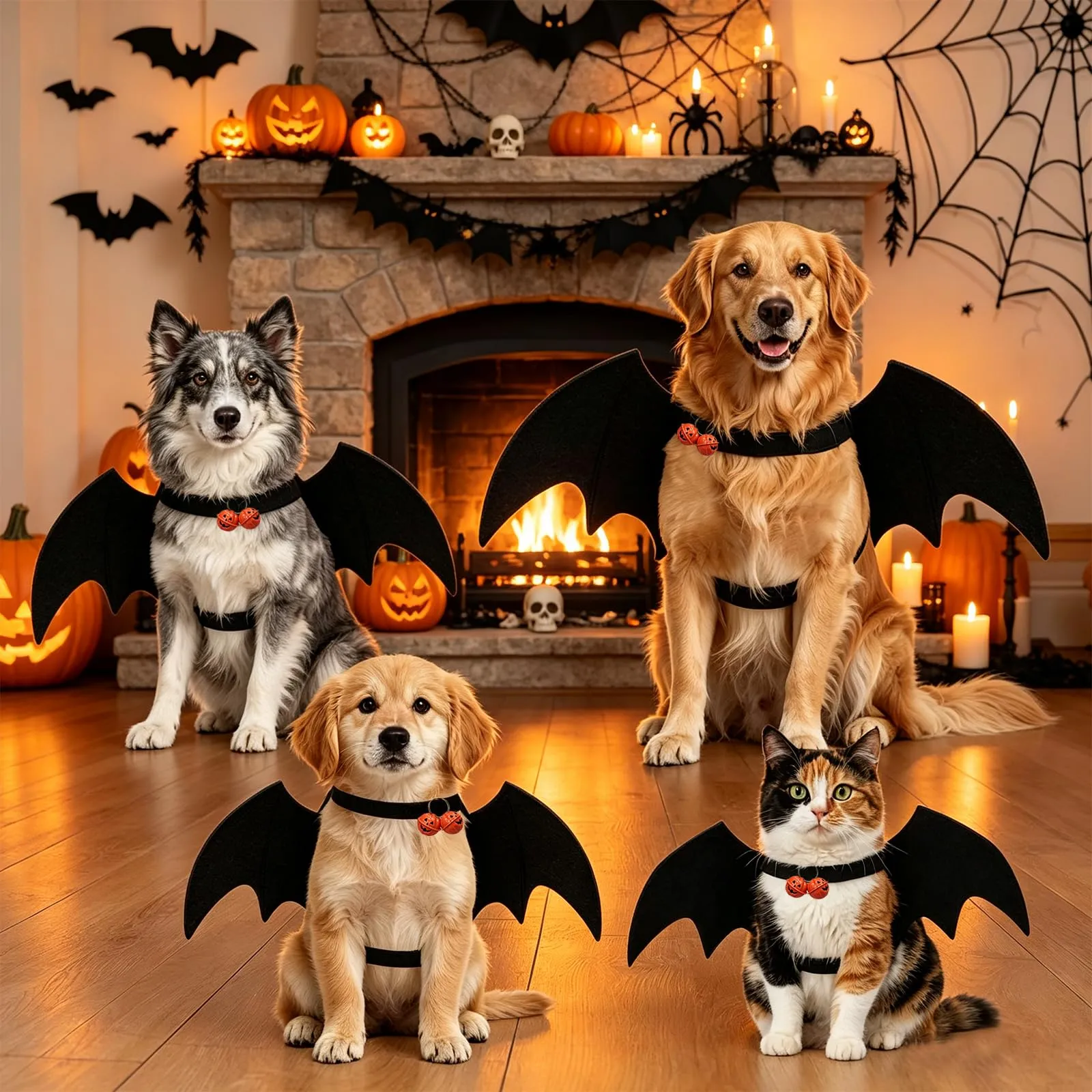 Costume di Halloween per Cane, Ali Pipistrello Gatto, Costume Cani, con Ali di Pipistrello, Campane di Zucca, Feste Helloween, Pipistrello per Cosplay di Halloween（L） - immagine 4