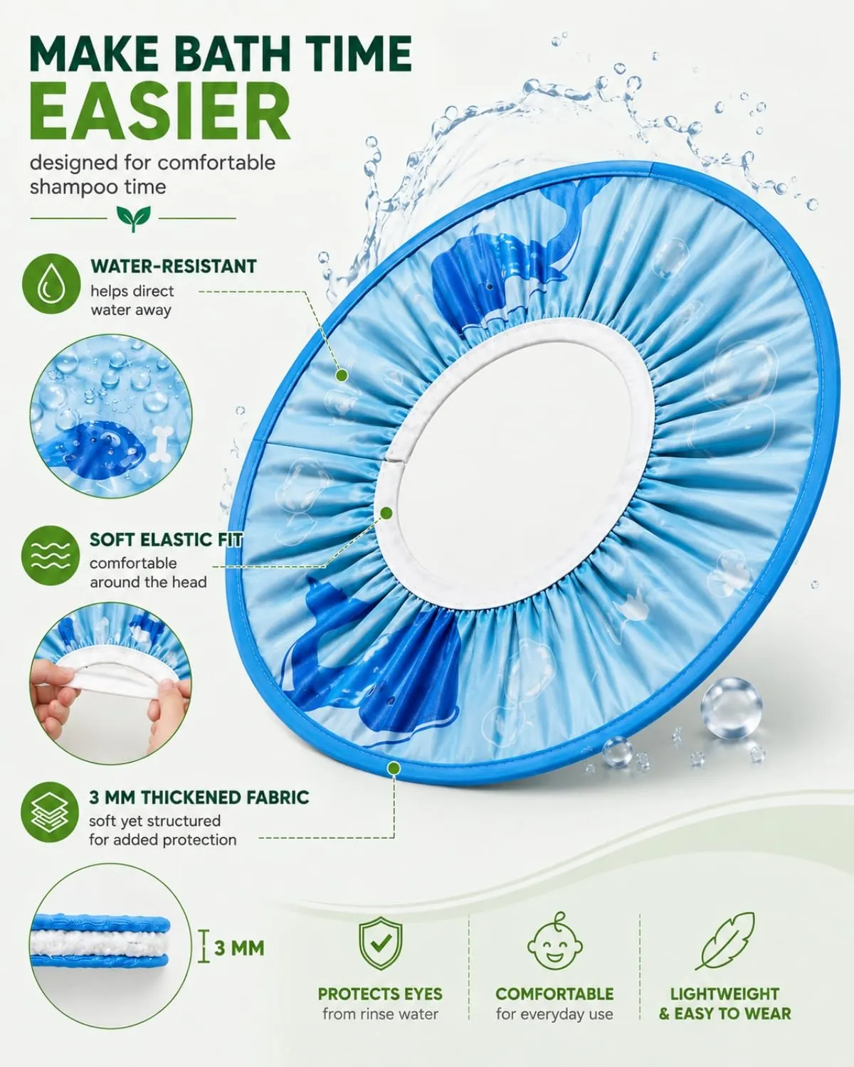 FIMWOLZ Cappello da Doccia per Bambini e Neonati Visiera da Bagno Regolabile Protezione Impermeabile Shampoo Cappello Morbido per Bagno (Diametro Interno 10 cm, Diametro Esterno 30 cm)(Blu, balena) - immagine 3