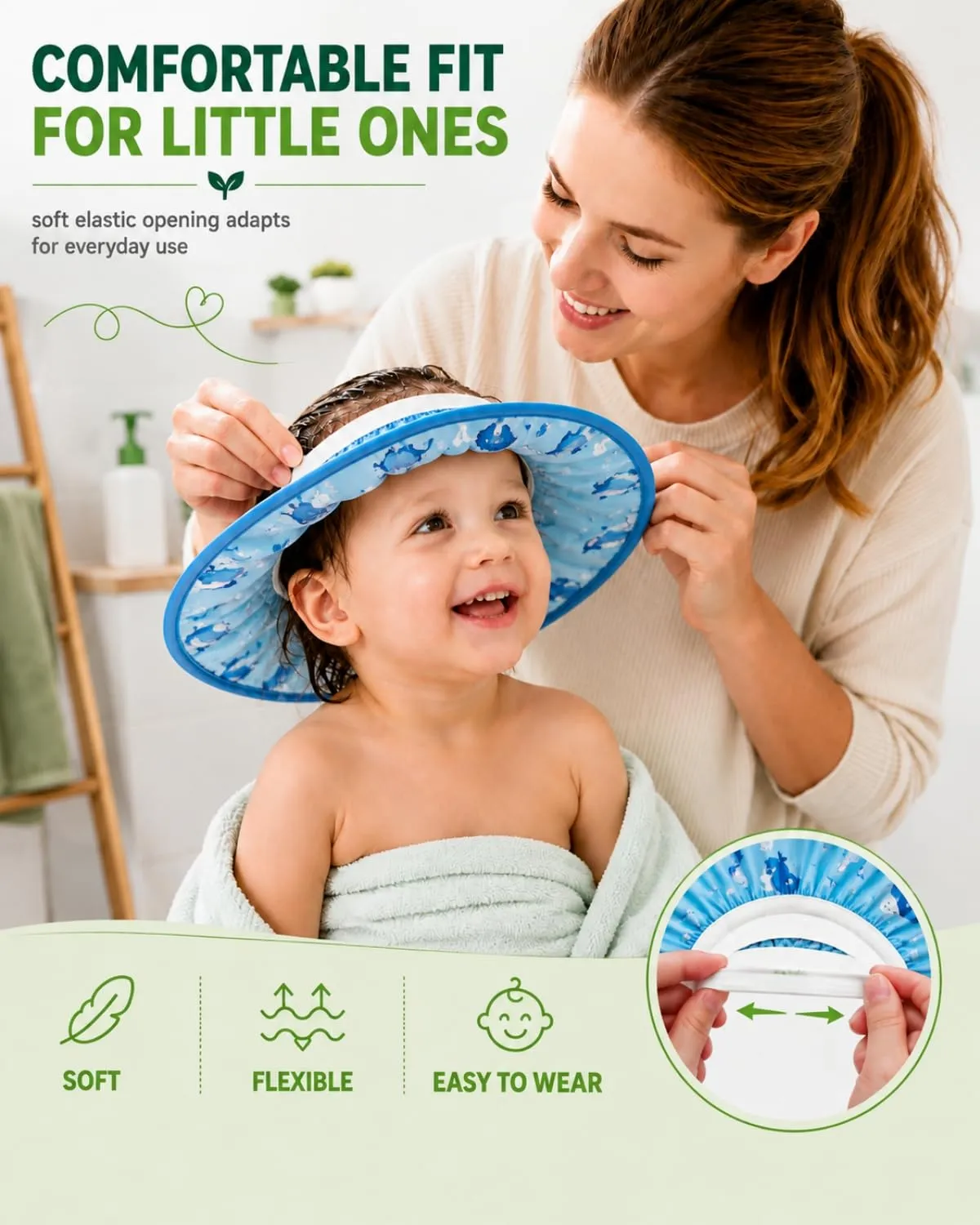 FIMWOLZ Cappello da Doccia per Bambini e Neonati Visiera da Bagno Regolabile Protezione Impermeabile Shampoo Cappello Morbido per Bagno (Diametro Interno 10 cm, Diametro Esterno 30 cm)(Blu, balena) - immagine 5