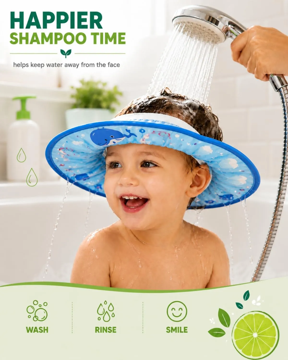 FIMWOLZ Cappello da Doccia per Bambini e Neonati Visiera da Bagno Regolabile Protezione Impermeabile Shampoo Cappello Morbido per Bagno (Diametro Interno 10 cm, Diametro Esterno 30 cm)(Blu, balena) - immagine 6