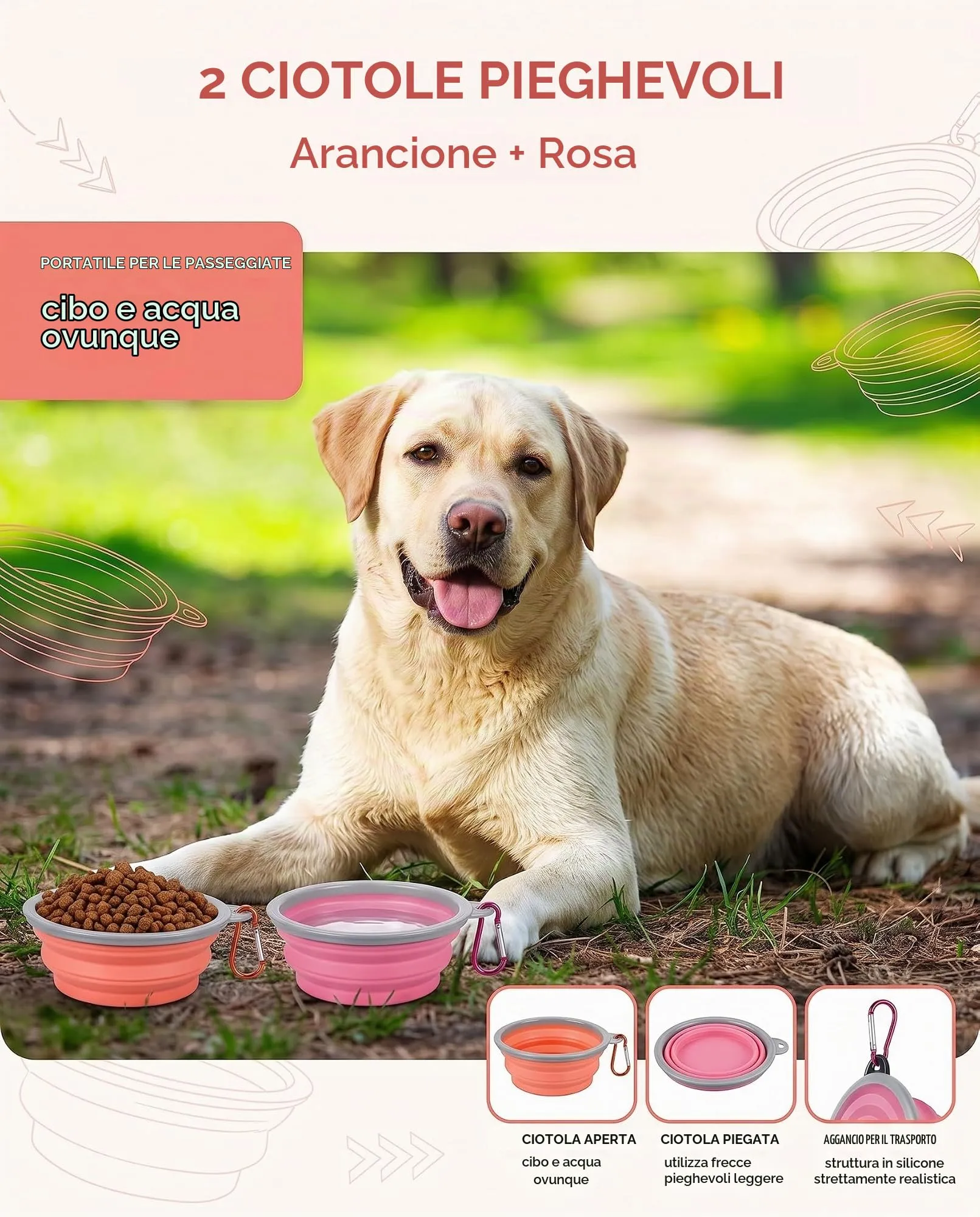ZOKJSW Ciotole Pieghevoli per Cani e Gatti, 2 Pezzi Arancione+Rosa in Silicone, Coperchio Ermetico e Moschettone, Anti-Spruzzo e Lavabili per Viaggi Sicuri - immagine 2