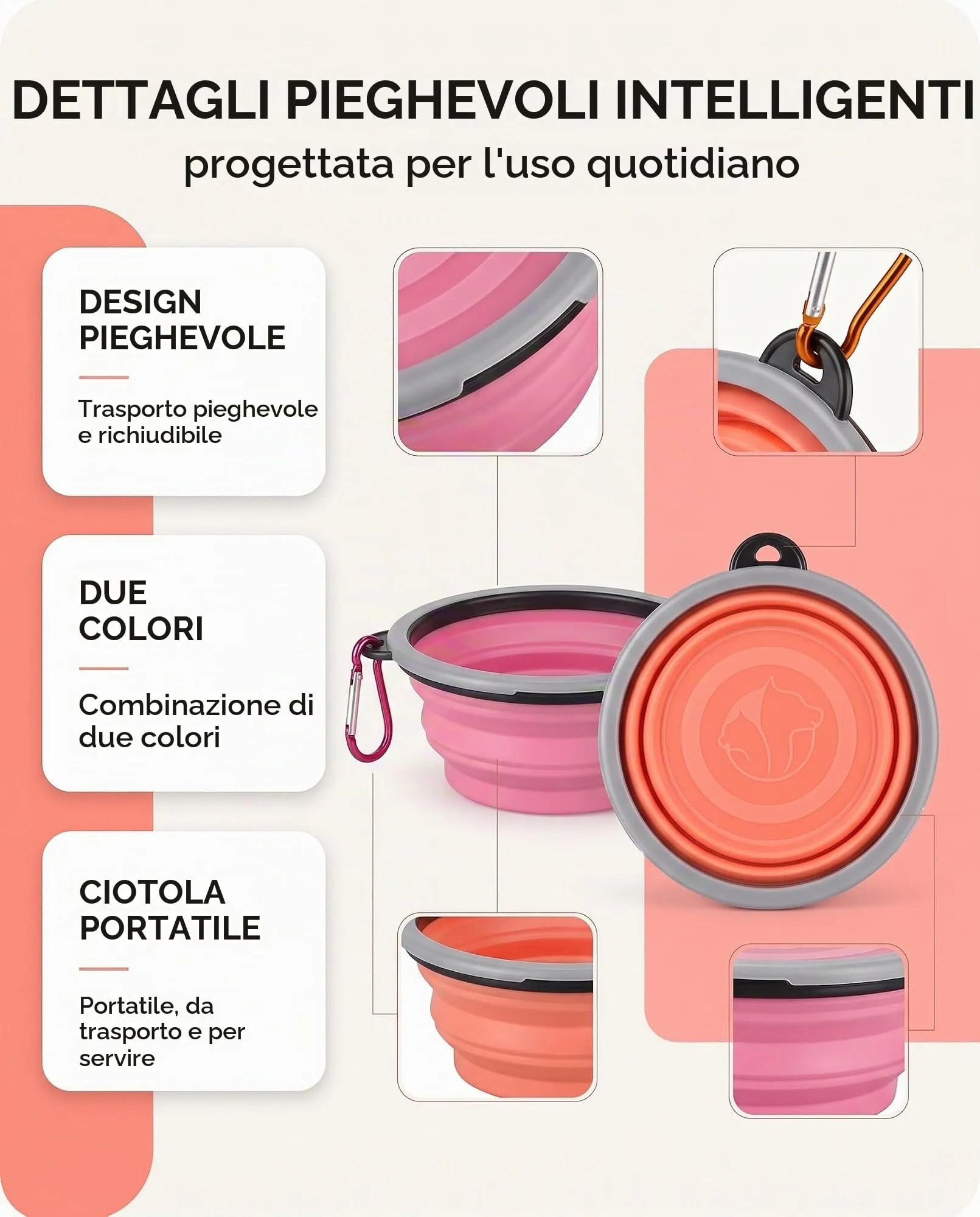 ZOKJSW Ciotole Pieghevoli per Cani e Gatti, 2 Pezzi Arancione+Rosa in Silicone, Coperchio Ermetico e Moschettone, Anti-Spruzzo e Lavabili per Viaggi Sicuri - immagine 3