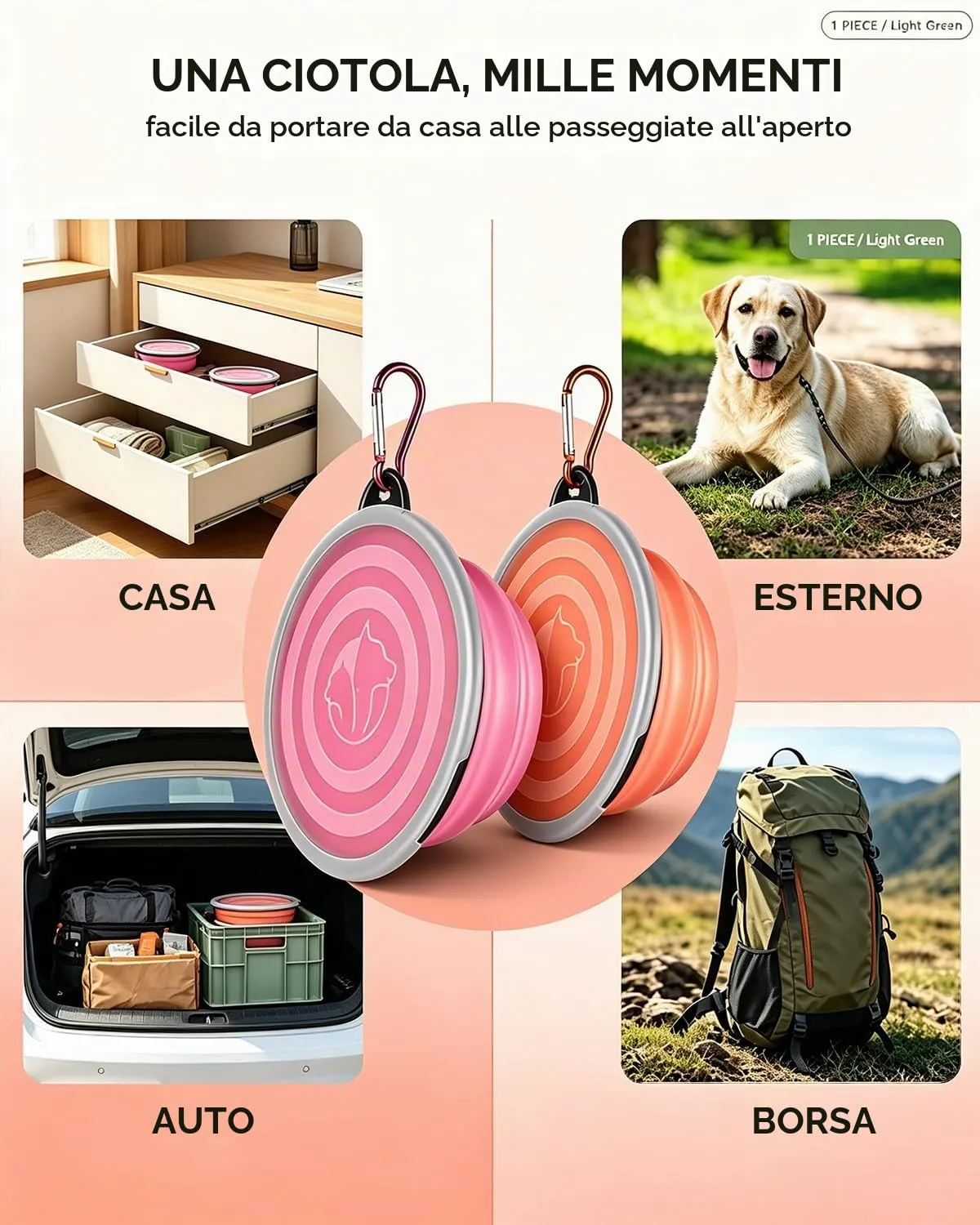 ZOKJSW Ciotole Pieghevoli per Cani e Gatti, 2 Pezzi Arancione+Rosa in Silicone, Coperchio Ermetico e Moschettone, Anti-Spruzzo e Lavabili per Viaggi Sicuri - immagine 4
