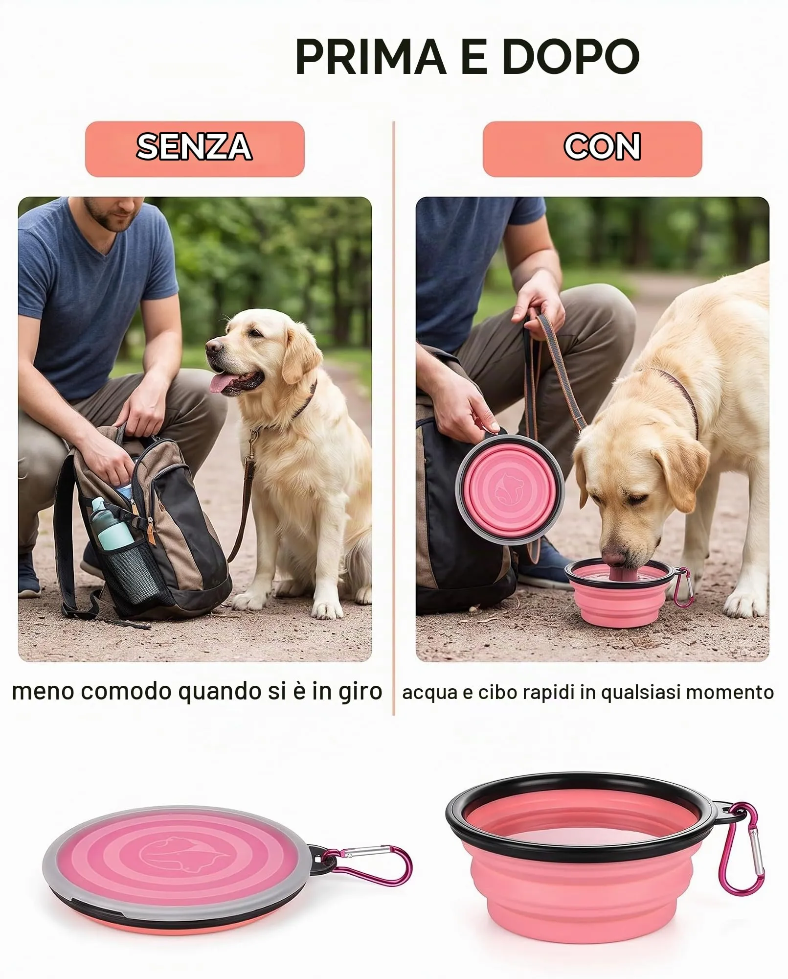 ZOKJSW Ciotole Pieghevoli per Cani e Gatti, 2 Pezzi Arancione+Rosa in Silicone, Coperchio Ermetico e Moschettone, Anti-Spruzzo e Lavabili per Viaggi Sicuri - immagine 5