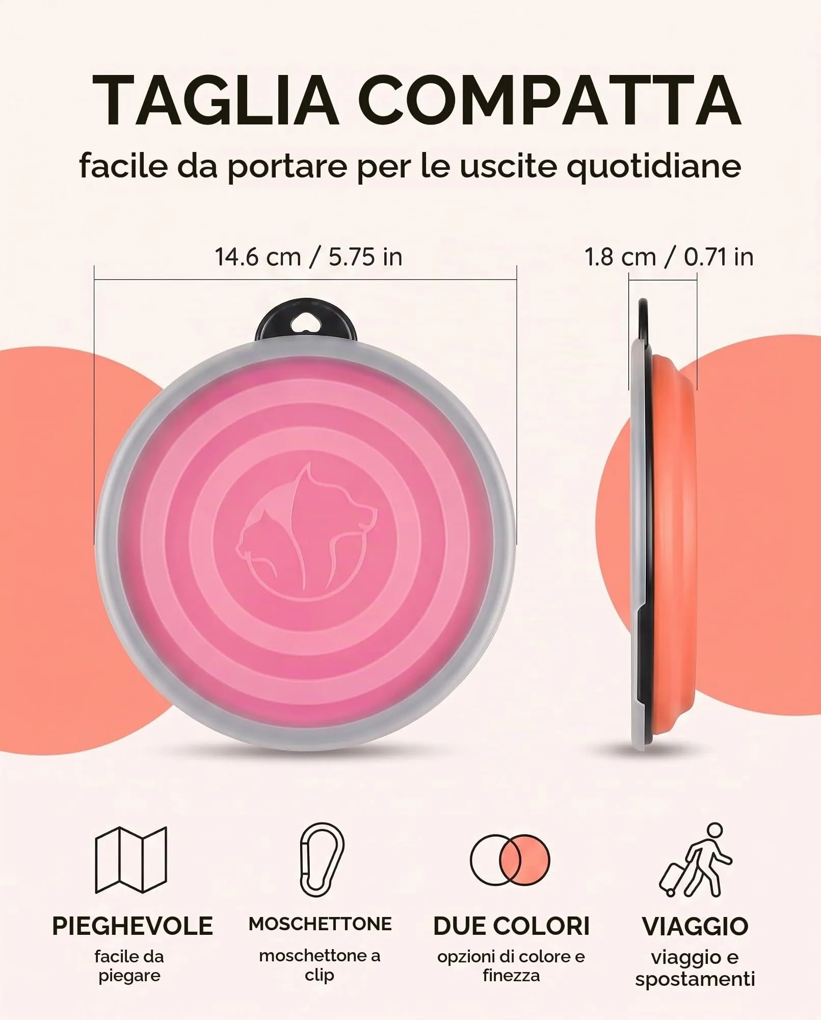 ZOKJSW Ciotole Pieghevoli per Cani e Gatti, 2 Pezzi Arancione+Rosa in Silicone, Coperchio Ermetico e Moschettone, Anti-Spruzzo e Lavabili per Viaggi Sicuri - immagine 6