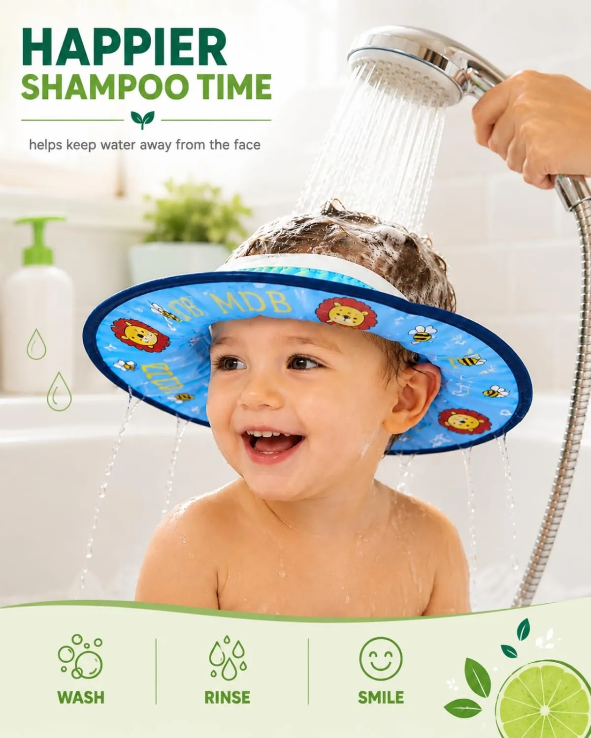 FIMWOLZ Cappello da Doccia per Bambini e Neonati Visiera da Bagno Regolabile Protezione Impermeabile Shampoo Cappello Morbido per Bagno (Diametro Interno 10 cm, Diametro Esterno 30 cm)(Blu, Leone) - immagine 2