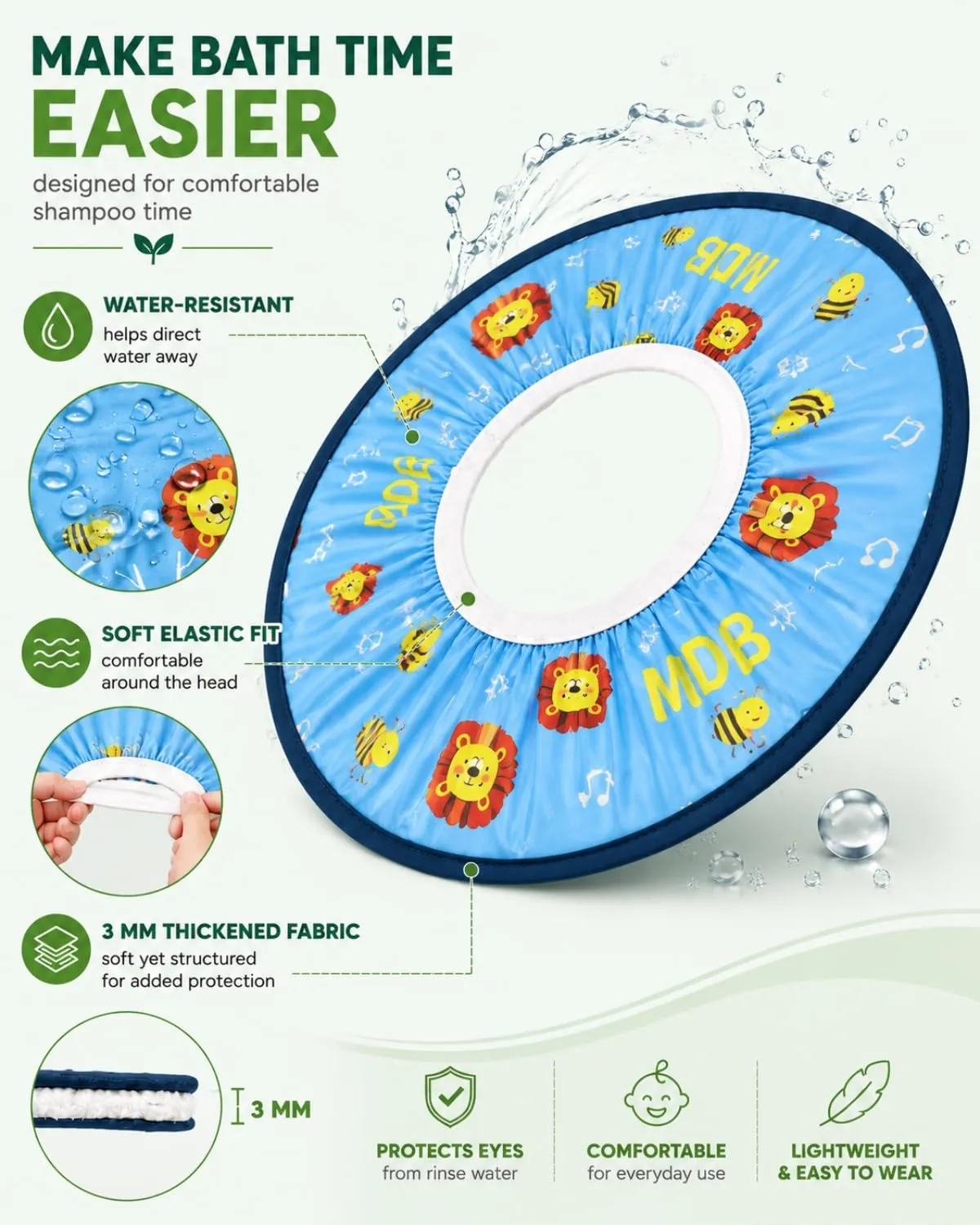 FIMWOLZ Cappello da Doccia per Bambini e Neonati Visiera da Bagno Regolabile Protezione Impermeabile Shampoo Cappello Morbido per Bagno (Diametro Interno 10 cm, Diametro Esterno 30 cm)(Blu, Leone) - immagine 3