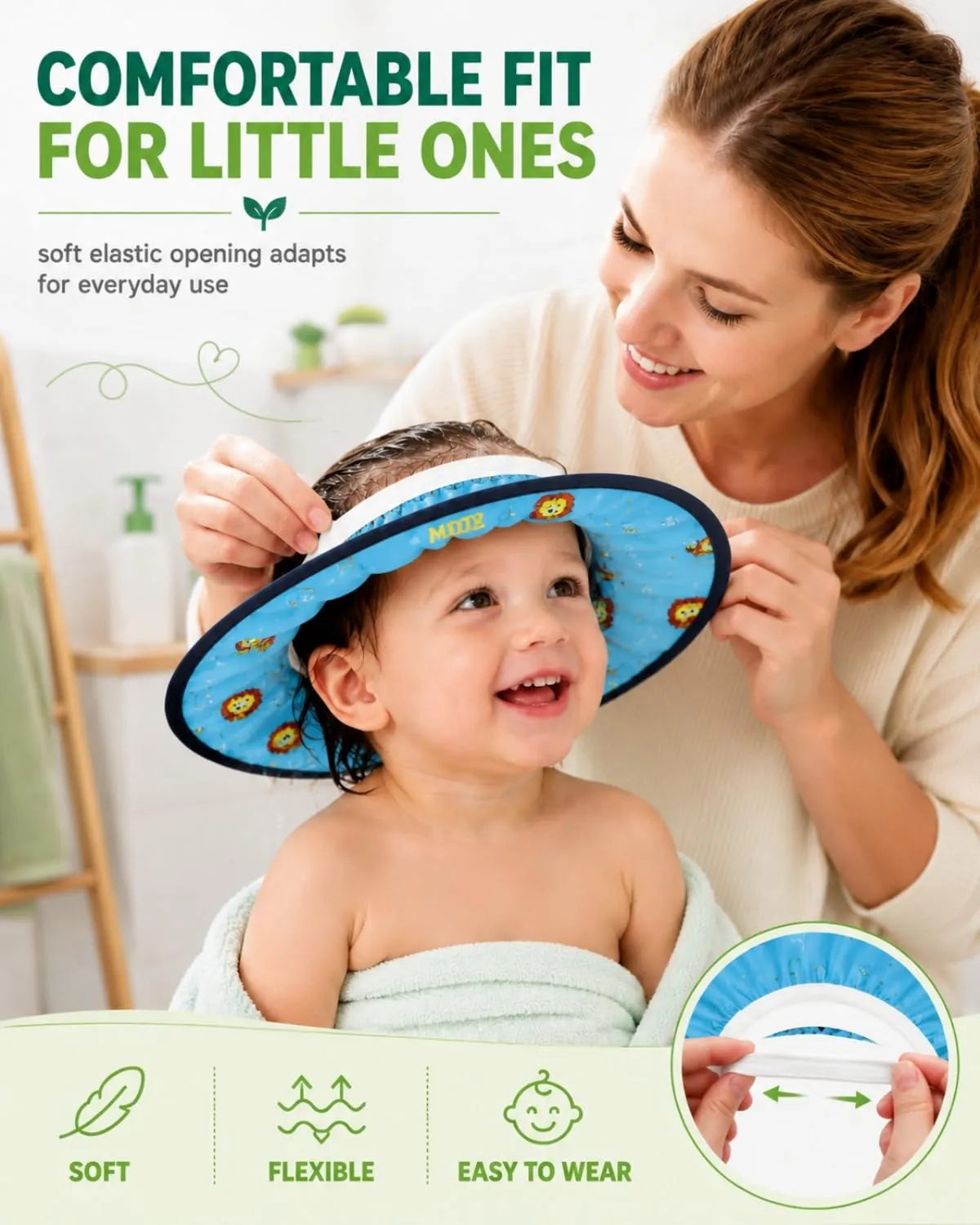 FIMWOLZ Cappello da Doccia per Bambini e Neonati Visiera da Bagno Regolabile Protezione Impermeabile Shampoo Cappello Morbido per Bagno (Diametro Interno 10 cm, Diametro Esterno 30 cm)(Blu, Leone) - immagine 5