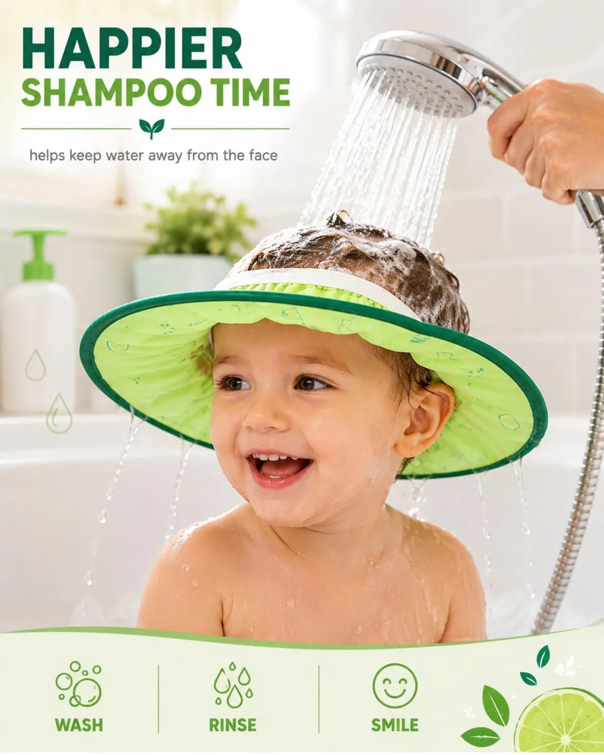 FIMWOLZ Cappello da Doccia per Bambini e Neonati Visiera da Bagno Regolabile Protezione Impermeabile Shampoo Cappello Morbido per Bagno (Diametro Interno 10 cm, Diametro Esterno 30 cm)(verde) - immagine 2