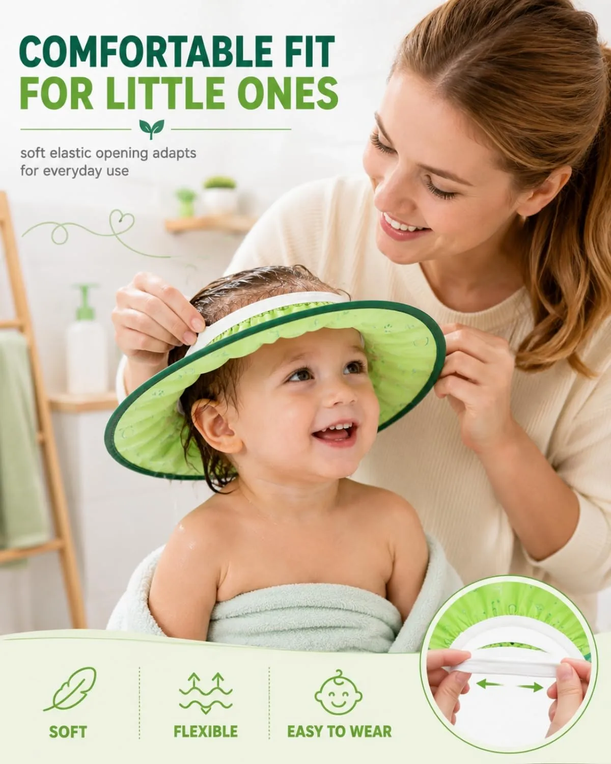 FIMWOLZ Cappello da Doccia per Bambini e Neonati Visiera da Bagno Regolabile Protezione Impermeabile Shampoo Cappello Morbido per Bagno (Diametro Interno 10 cm, Diametro Esterno 30 cm)(verde) - immagine 5