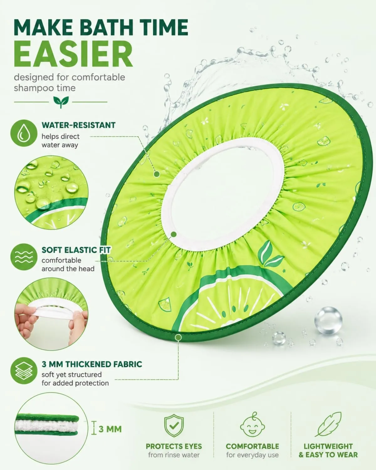 FIMWOLZ Cappello da Doccia per Bambini e Neonati Visiera da Bagno Regolabile Protezione Impermeabile Shampoo Cappello Morbido per Bagno (Diametro Interno 10 cm, Diametro Esterno 30 cm)(verde) - immagine 6