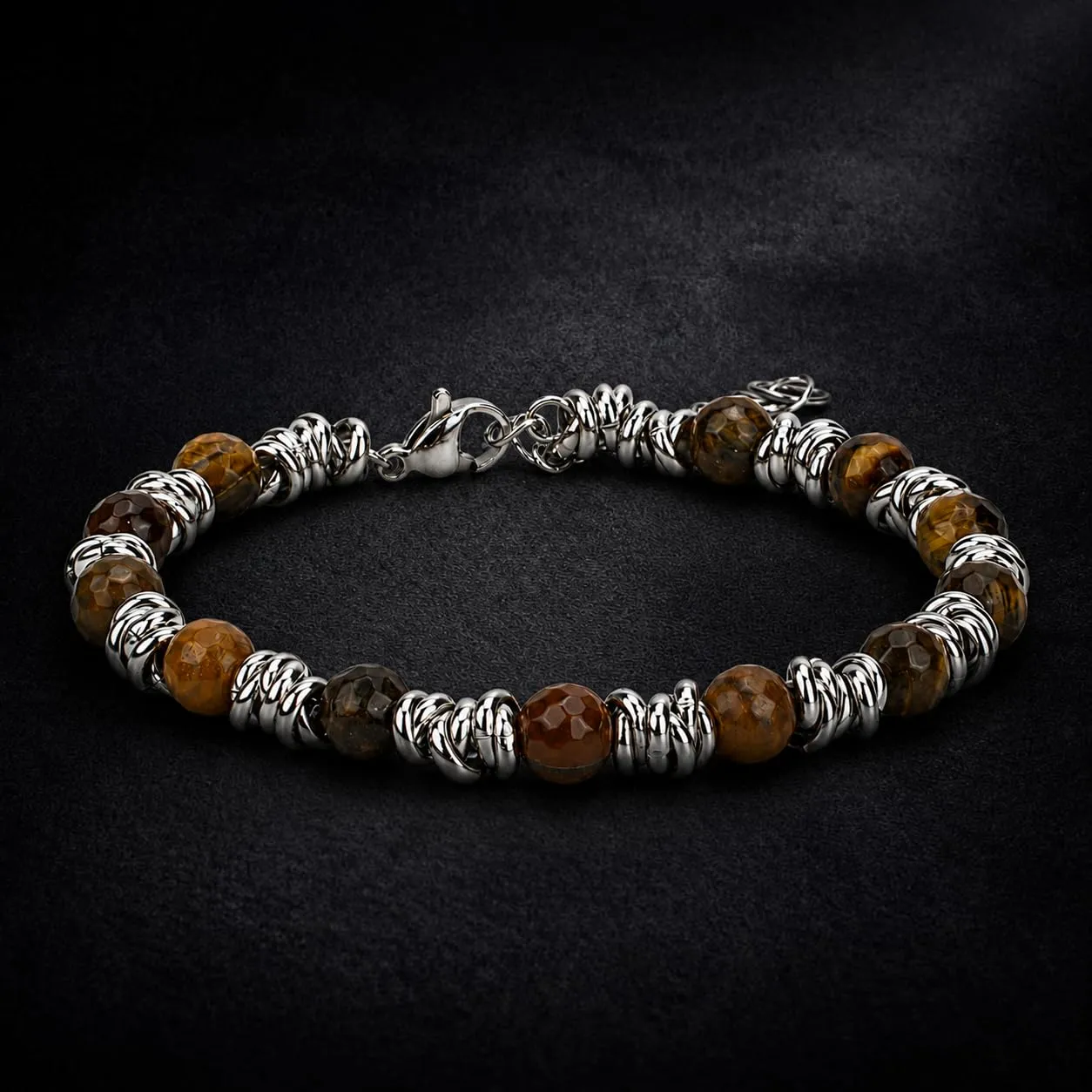 SAGA GIOIELLI Bracciale Unisex - Uomo - Donna Pietre Naturali Sfaccettate Onice Nero Aulite Bianco Nodini Acciaio Inox - Confezionre Regalo (OCCHIO DI TIGRE) - immagine 2