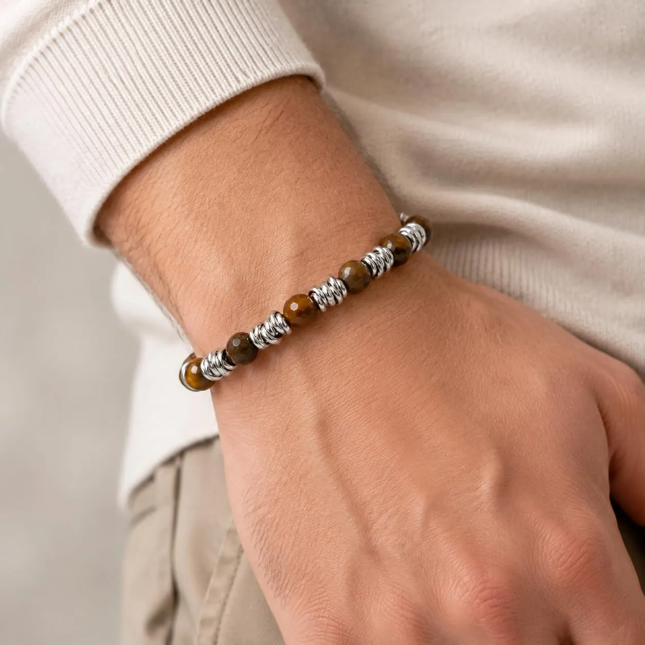 SAGA GIOIELLI Bracciale Unisex - Uomo - Donna Pietre Naturali Sfaccettate Onice Nero Aulite Bianco Nodini Acciaio Inox - Confezionre Regalo (OCCHIO DI TIGRE) - immagine 3