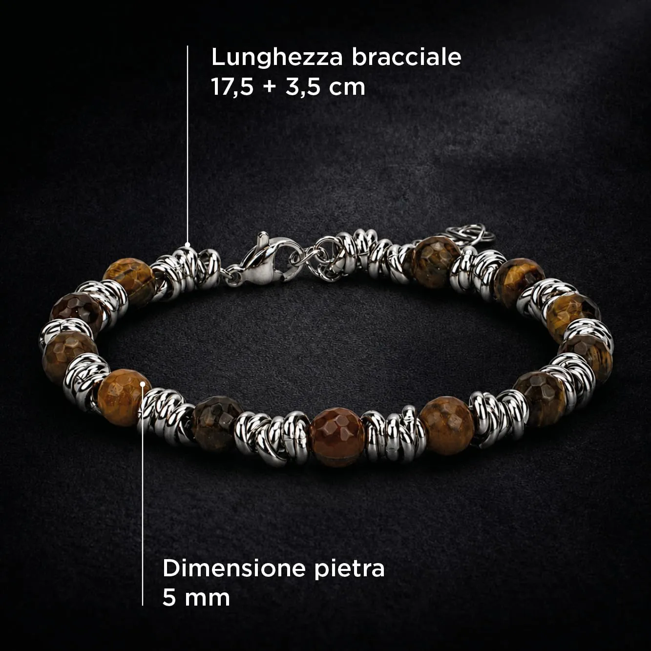 SAGA GIOIELLI Bracciale Unisex - Uomo - Donna Pietre Naturali Sfaccettate Onice Nero Aulite Bianco Nodini Acciaio Inox - Confezionre Regalo (OCCHIO DI TIGRE) - immagine 5