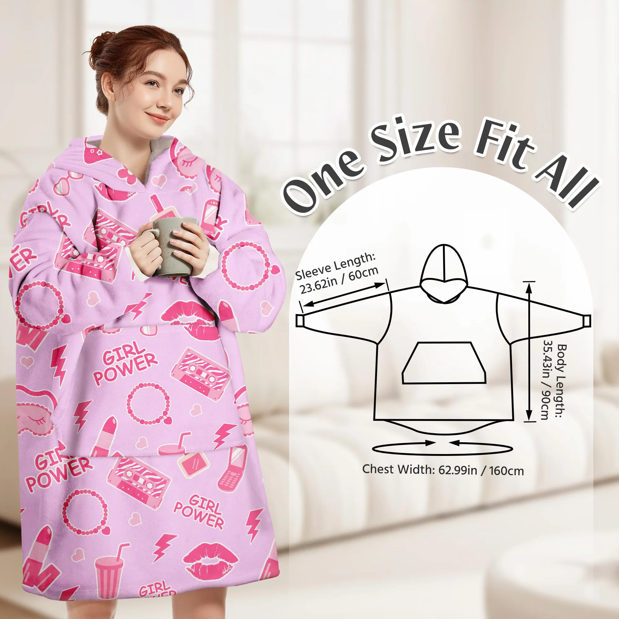Felpa Coperta con Cappuccio e Maniche Donna Rosa Moda Oversize Hoodie - immagine 3