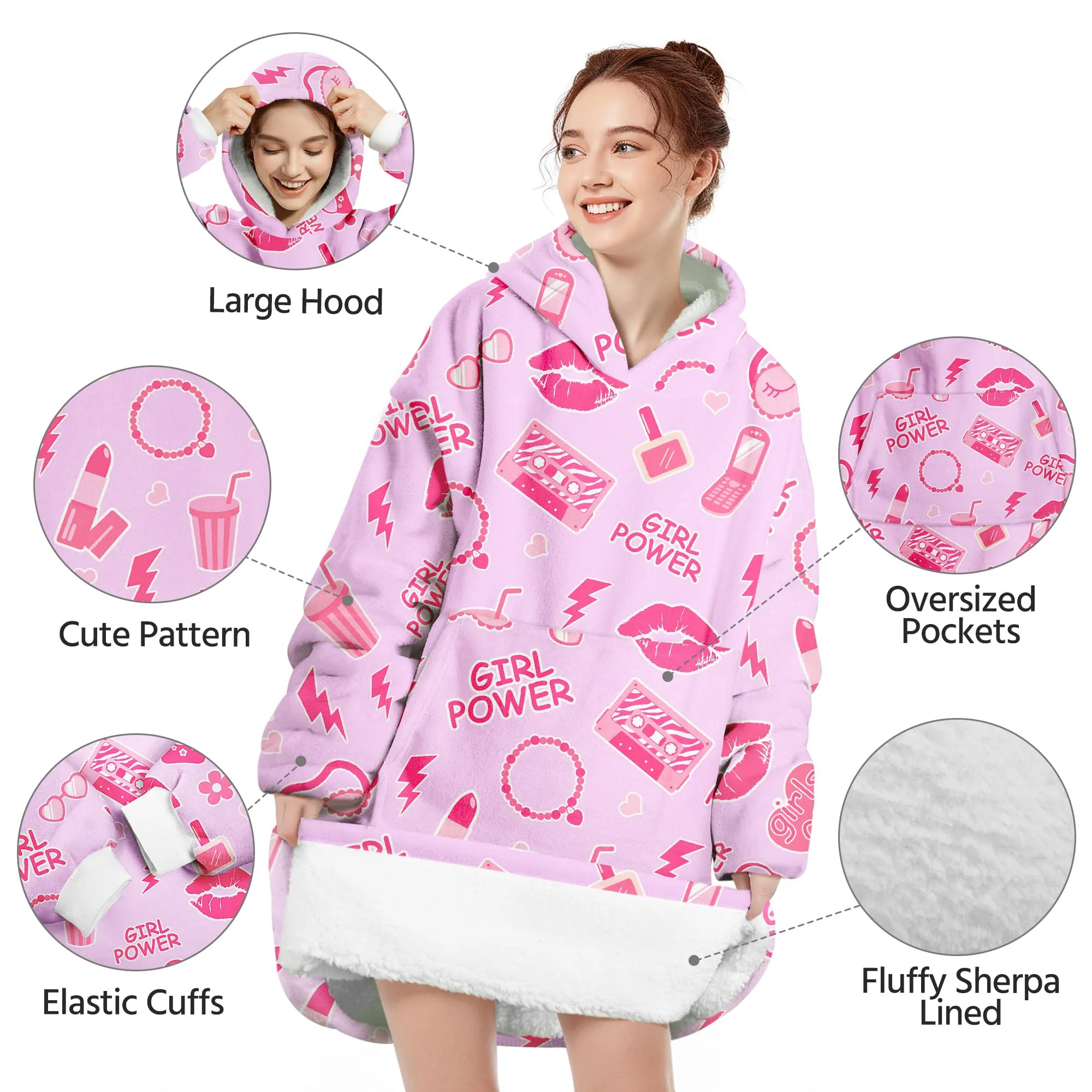Felpa Coperta con Cappuccio e Maniche Donna Rosa Moda Oversize Hoodie - immagine 4