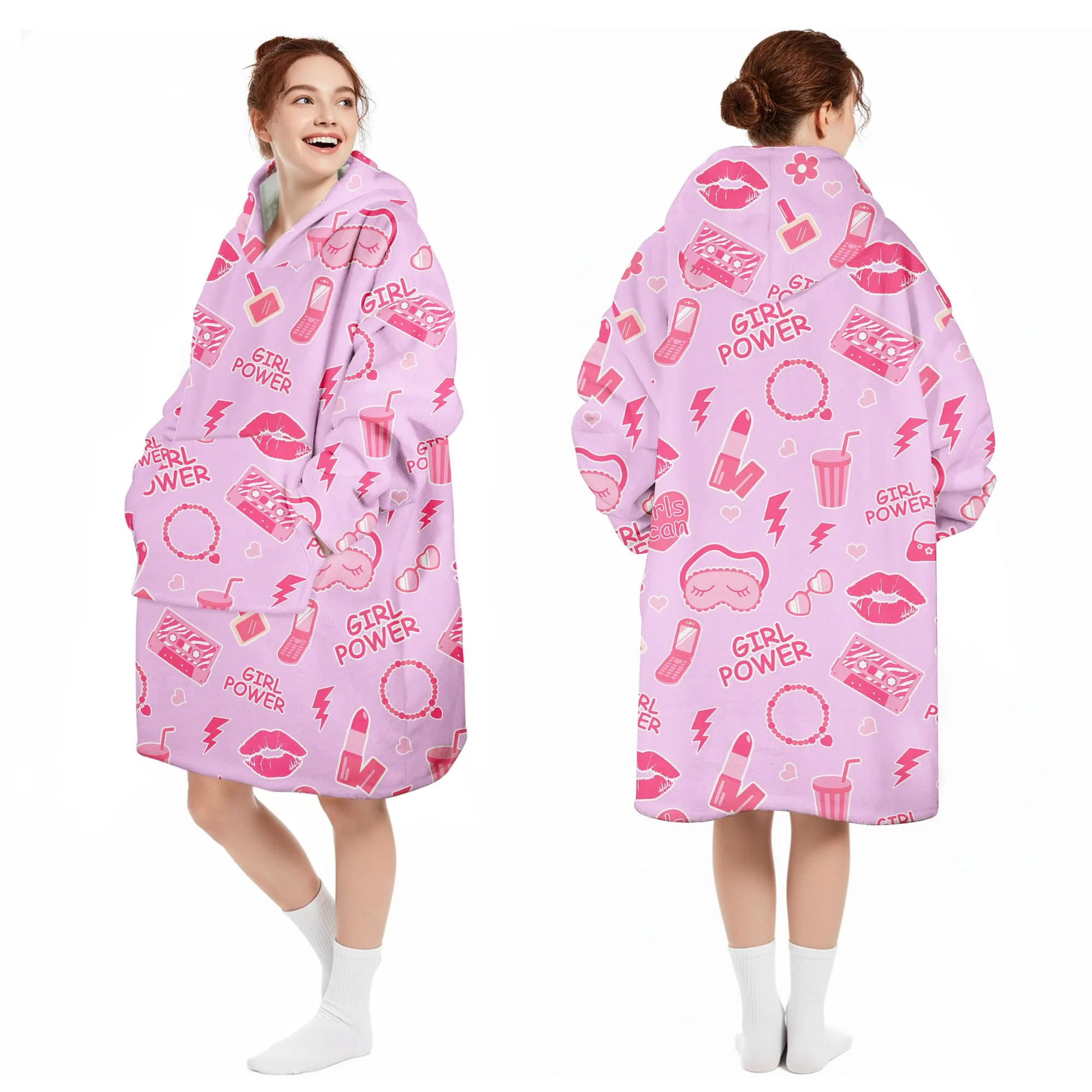 Felpa Coperta con Cappuccio e Maniche Donna Rosa Moda Oversize Hoodie - immagine 5