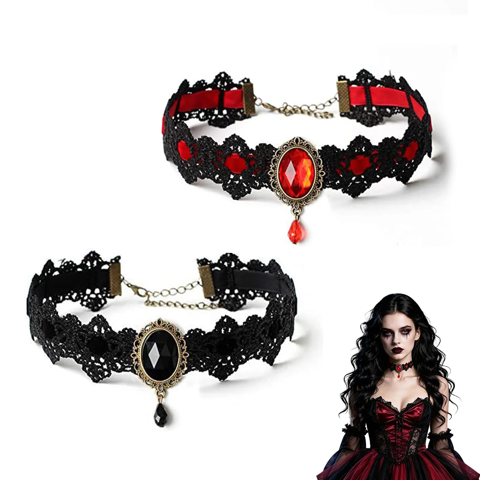 JOVYTH 2 Collane Choker Gotiche Donna, Girocollo in Pizzo Nero e Rosso con Pietra Decorativa, Gioielli Vampiro per Halloween Carnevale Cosplay - immagine 1