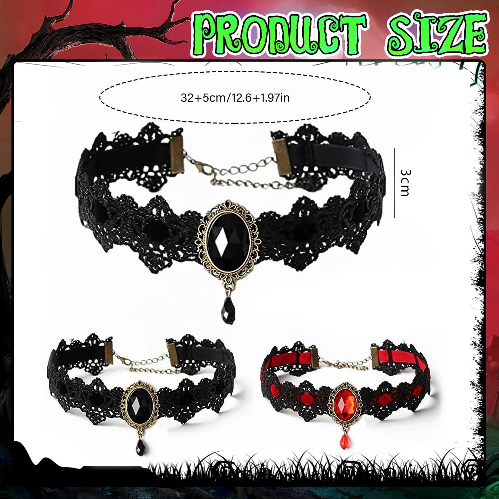 JOVYTH 2 Collane Choker Gotiche Donna, Girocollo in Pizzo Nero e Rosso con Pietra Decorativa, Gioielli Vampiro per Halloween Carnevale Cosplay - immagine 2