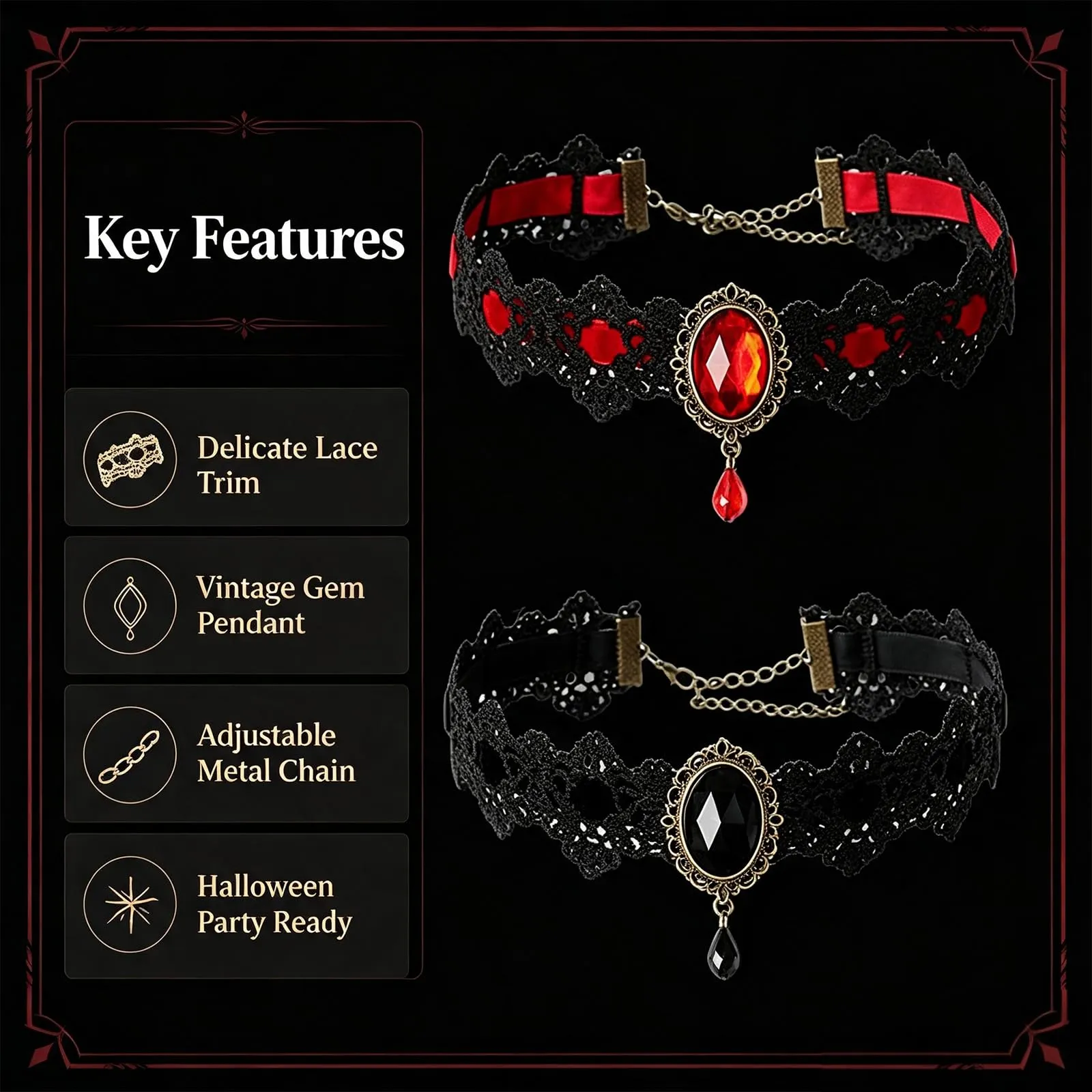 JOVYTH 2 Collane Choker Gotiche Donna, Girocollo in Pizzo Nero e Rosso con Pietra Decorativa, Gioielli Vampiro per Halloween Carnevale Cosplay - immagine 3