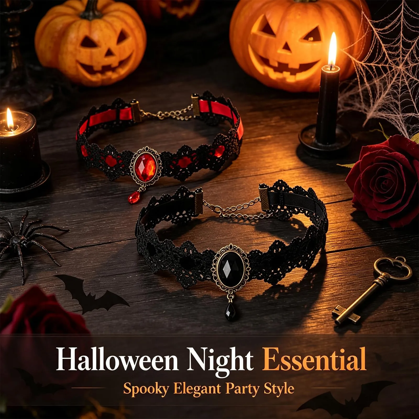 JOVYTH 2 Collane Choker Gotiche Donna, Girocollo in Pizzo Nero e Rosso con Pietra Decorativa, Gioielli Vampiro per Halloween Carnevale Cosplay - immagine 4