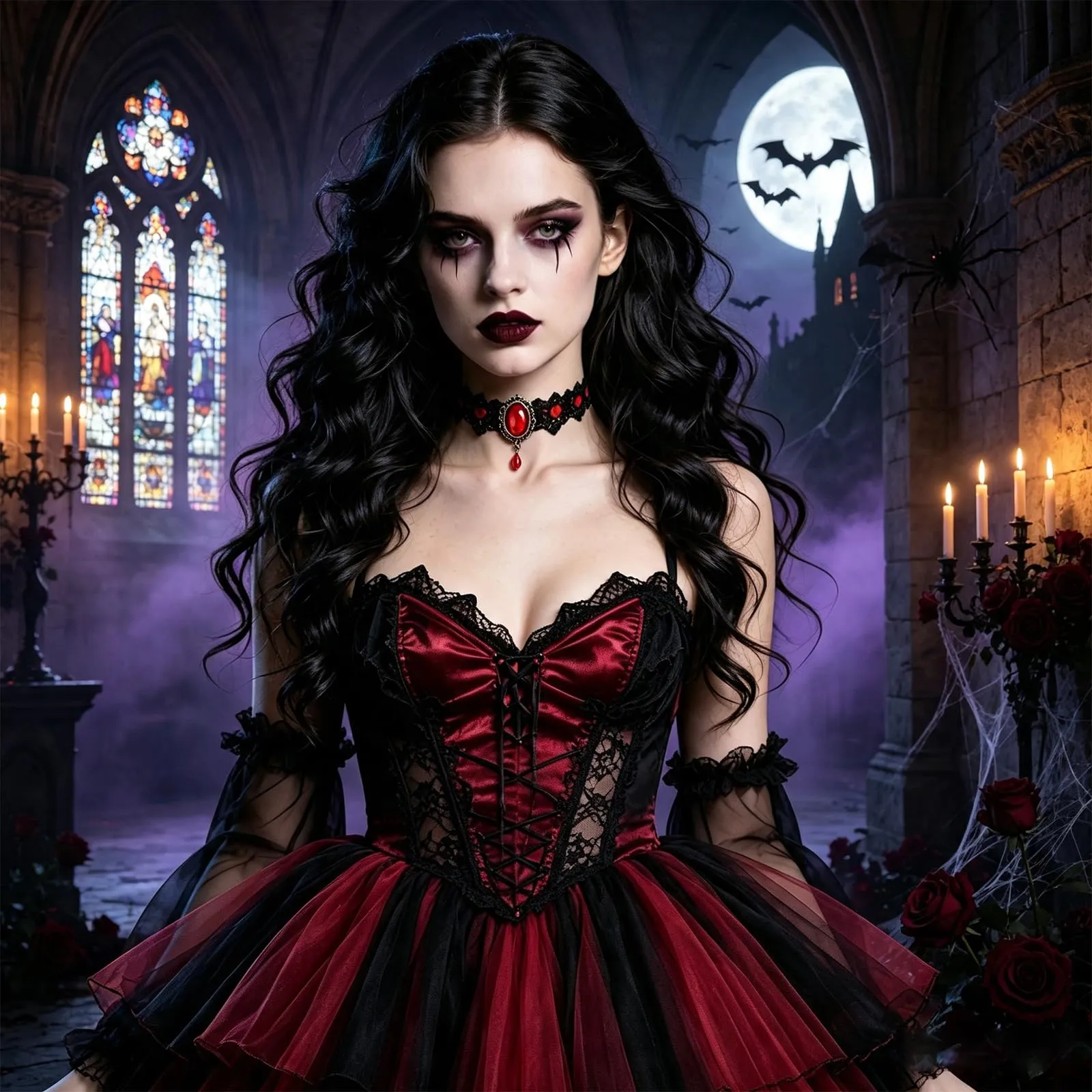 JOVYTH 2 Collane Choker Gotiche Donna, Girocollo in Pizzo Nero e Rosso con Pietra Decorativa, Gioielli Vampiro per Halloween Carnevale Cosplay - immagine 5