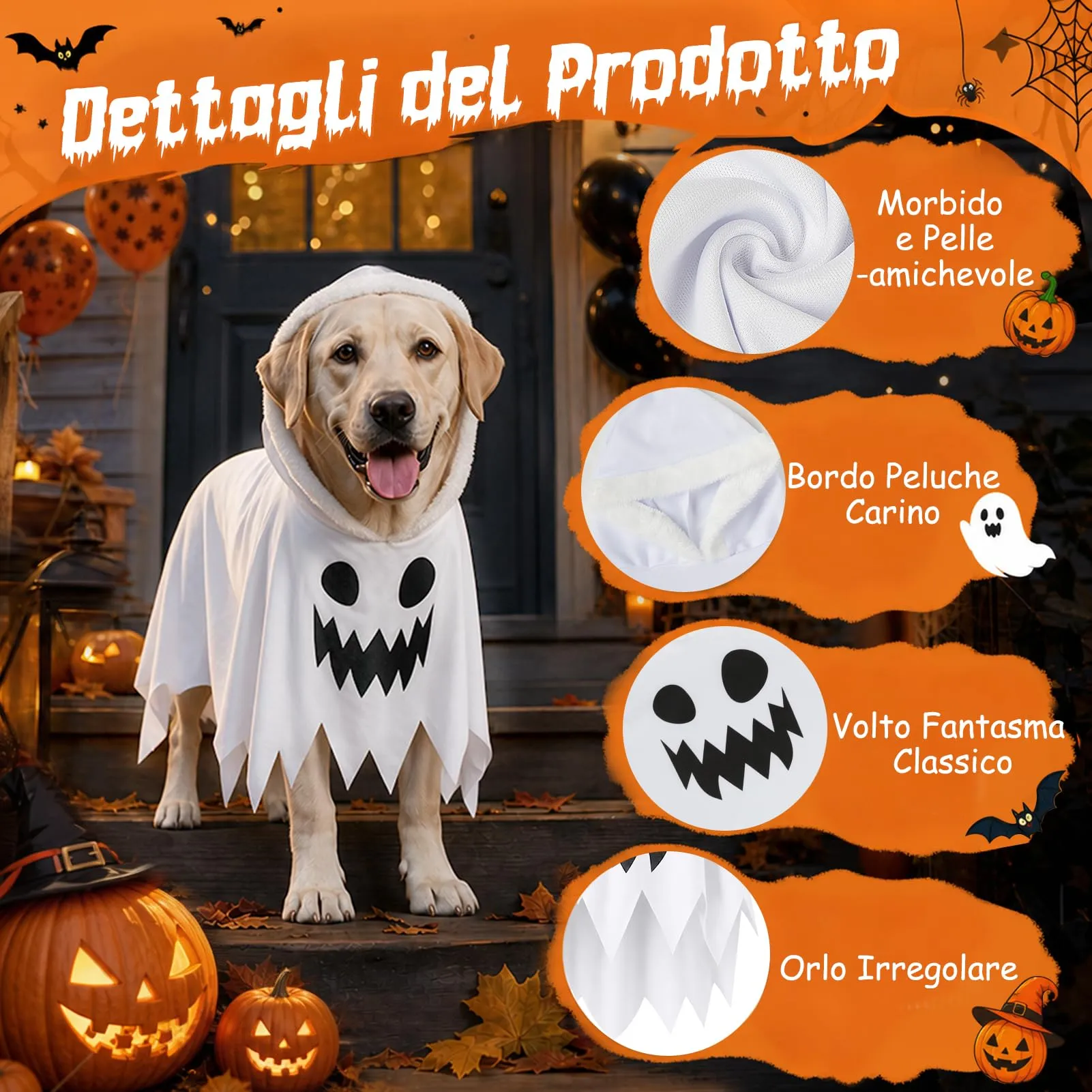 MELLIEX Costume Halloween per Cane, Mantello Fantasma Bianco con Cappuccio - immagine 3