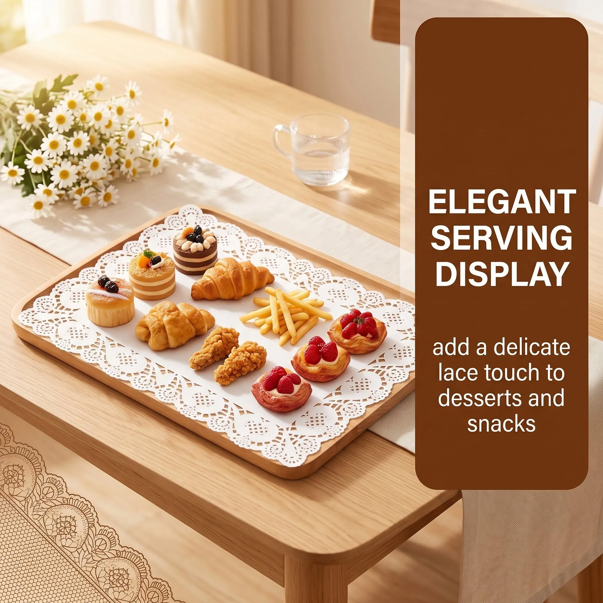QALPOM 140 Pezzi Centrini di Carta Rettangolari 16x23 cm, Sottotorta in Pizzo Bianco Alimentare, Carta Assorbente per Fritti e Decorazione Tavola per Matrimonio, Compleanno e Feste - immagine 2