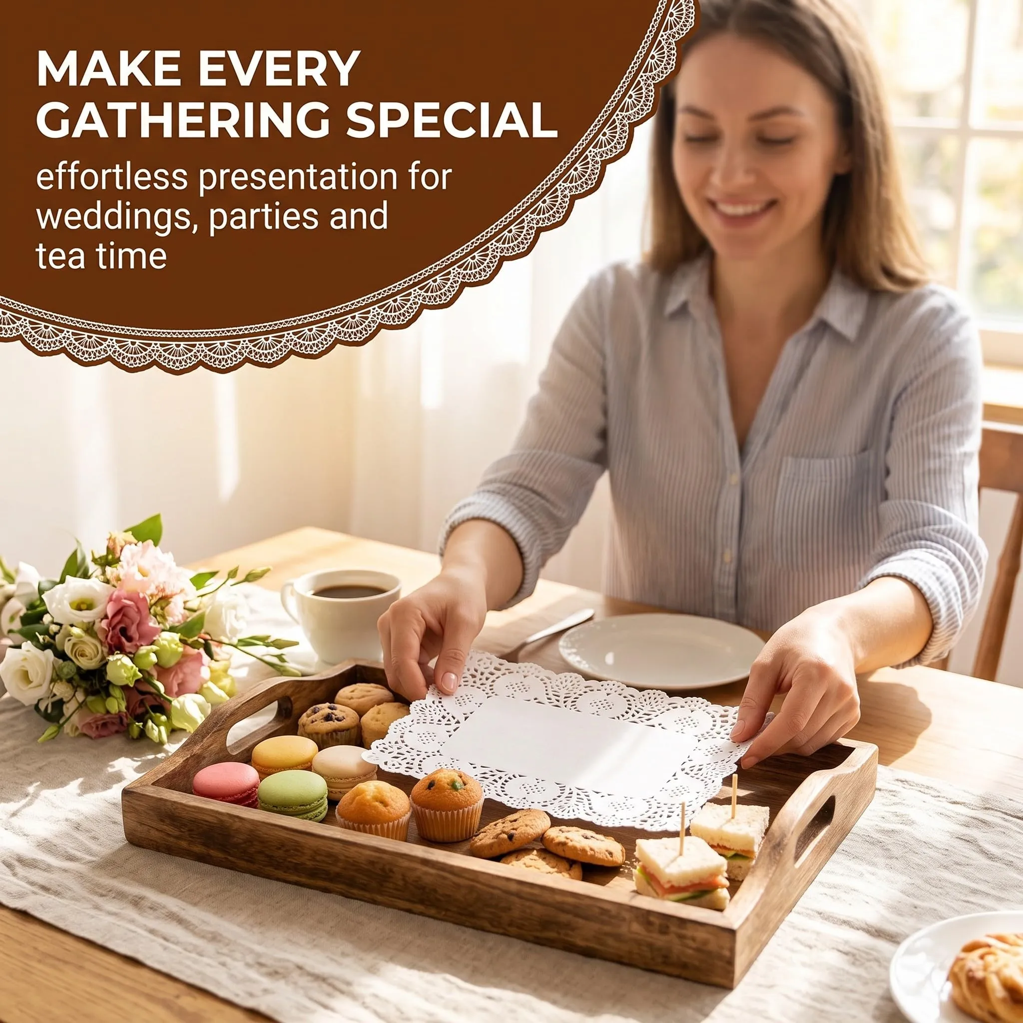 QALPOM 140 Pezzi Centrini di Carta Rettangolari 16x23 cm, Sottotorta in Pizzo Bianco Alimentare, Carta Assorbente per Fritti e Decorazione Tavola per Matrimonio, Compleanno e Feste - immagine 3